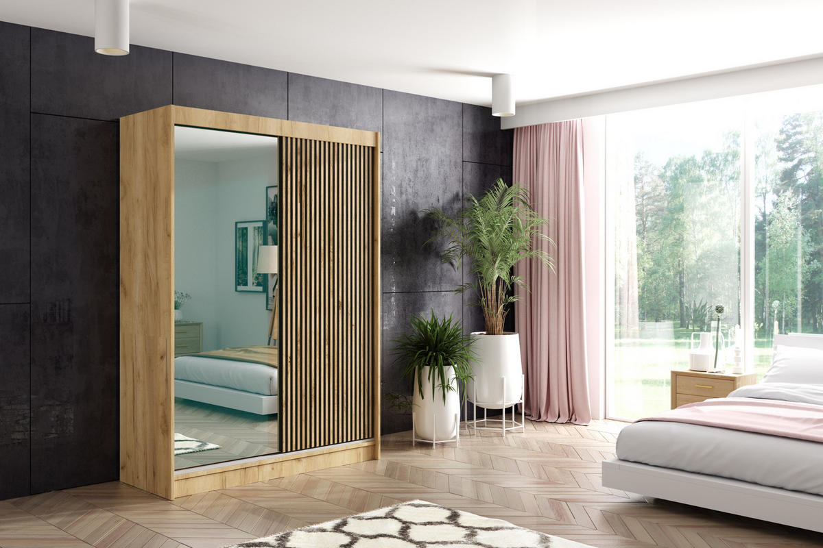 KLEIDERSCHRANK VILAN mit Spiegel - 150 cm - Eichefarben|Eiche Wotan - Eichefarben/Eiche Wotan, Holzwerkstoff (150/215/61cm) - ALTDECOR