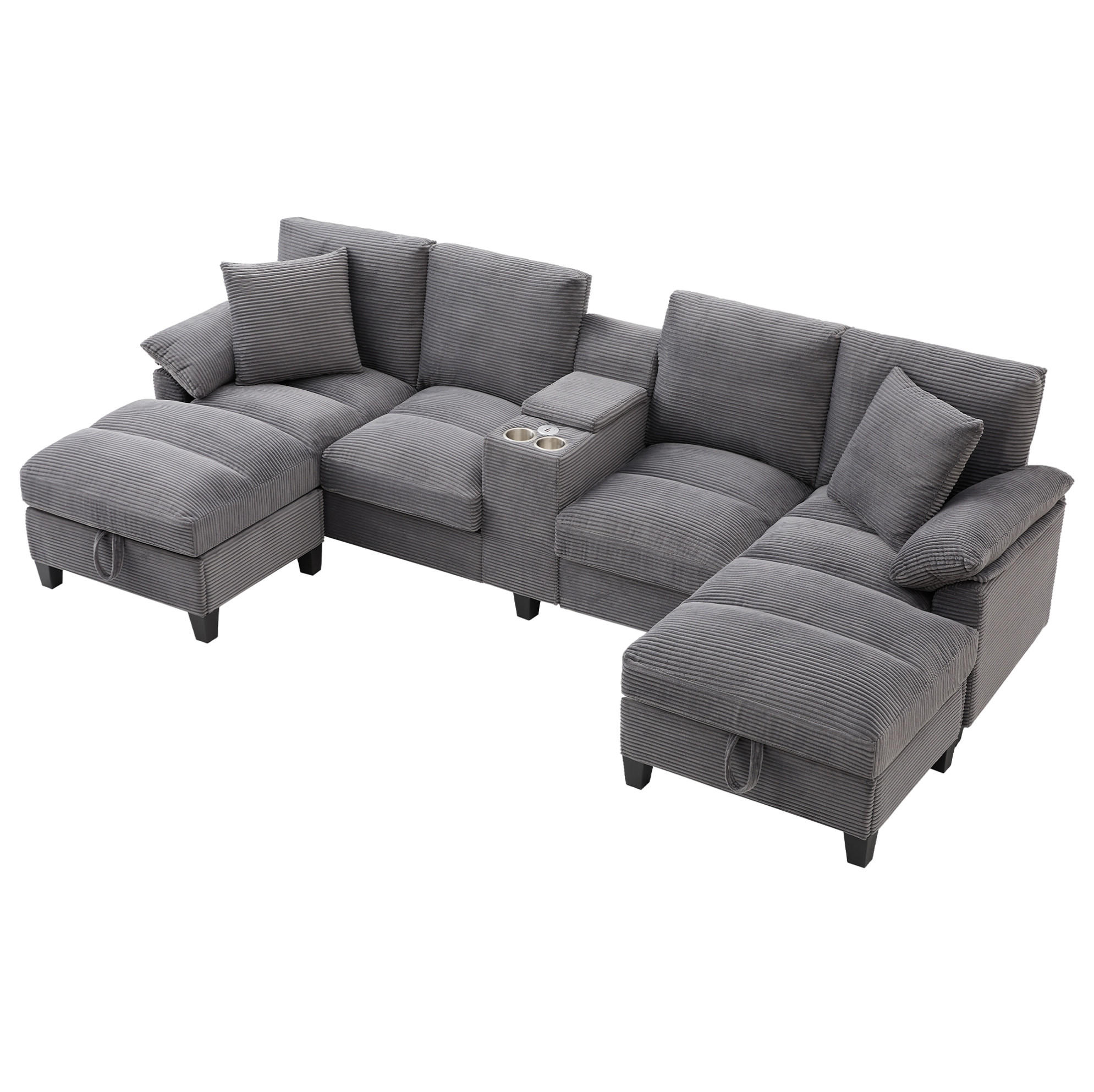 Modfu SEDACÍ souprava do U z manšestru 293x93x142 cm šedá s USB, úložným prostorem a držákem nápojů