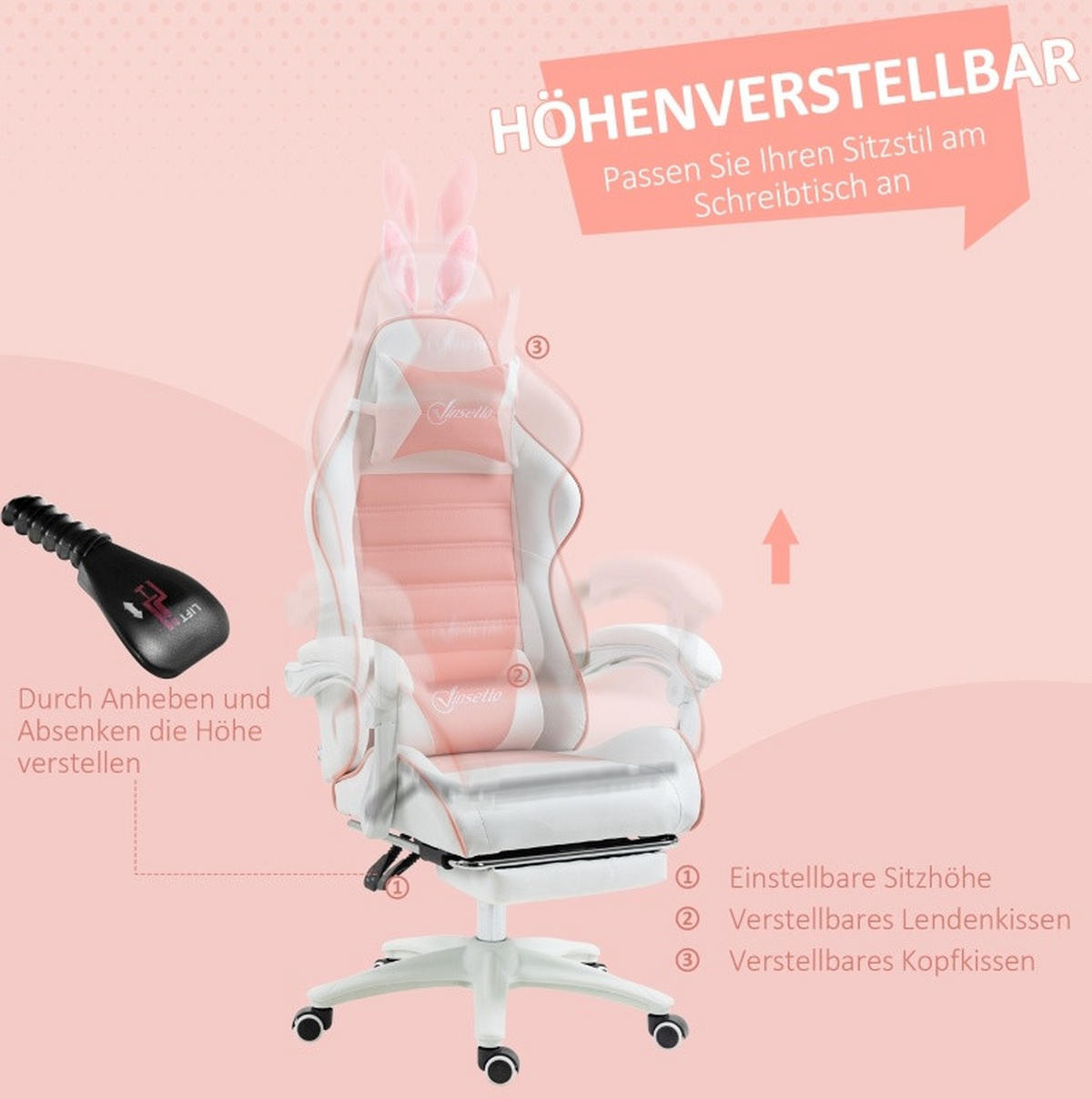 GAMINGSTUHL 65/136-142/63 cm Pink aus Kunstleder mit Fußstütze - Pink, Kunststoff (63/142/65cm) - OKMYHOME