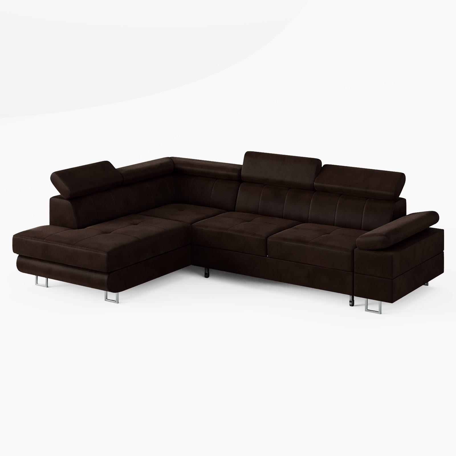 ECKSOFA CAROLINE Links Braun Velours-Stoff mit Schlaffunktion und Bettkasten - Chromfarben/Dunkelbraun, Textil (253/190cm) - Barchello
