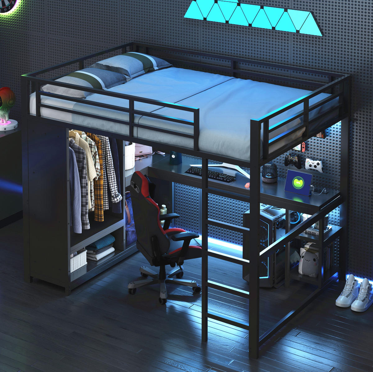 HOCHBETT 140/200 cm Schwarz aus Metall mit Schreibtisch und LED - Schwarz, Metall (140/200cm) - OKMYHOME