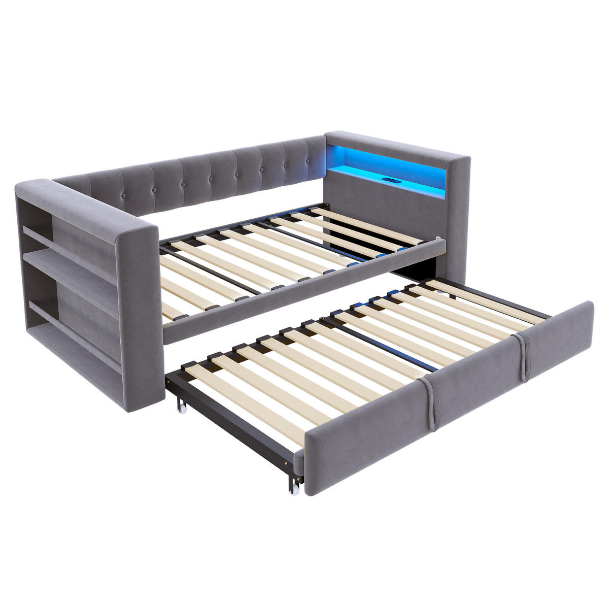 AUSZIEHBETT 90/180/190 cm DE-02084, in Dunkelgrau, mit LED und Steckdosen - Dunkelgrau, Metall (90/190cm) - ComfortXL