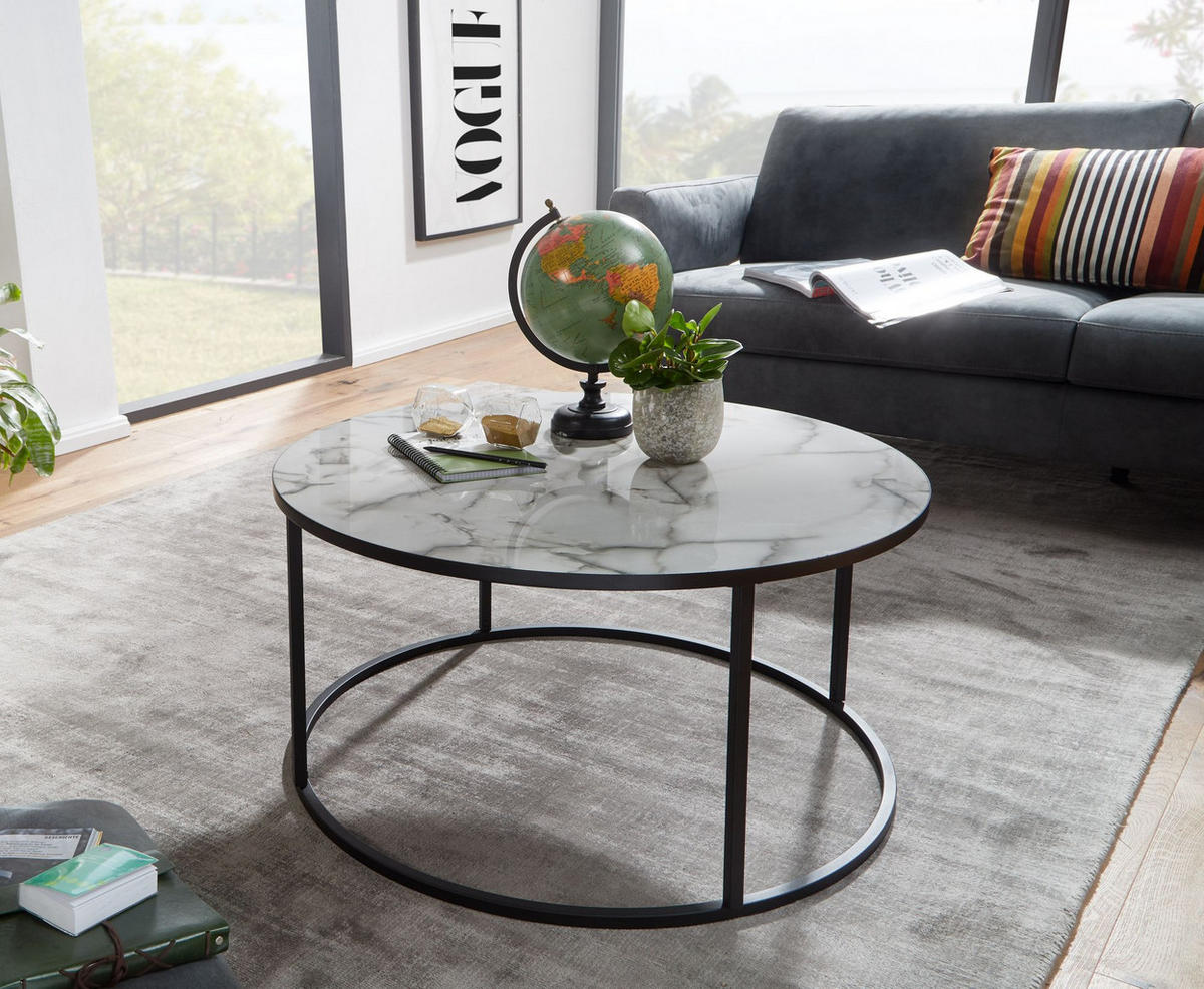 COUCHTISCH rund, Marmor-Optik, modernes Design mit 80 cm Durchmesser - Schwarz/Weiß, Holz/Metall (80/80/40cm) - KADIMA DESIGN