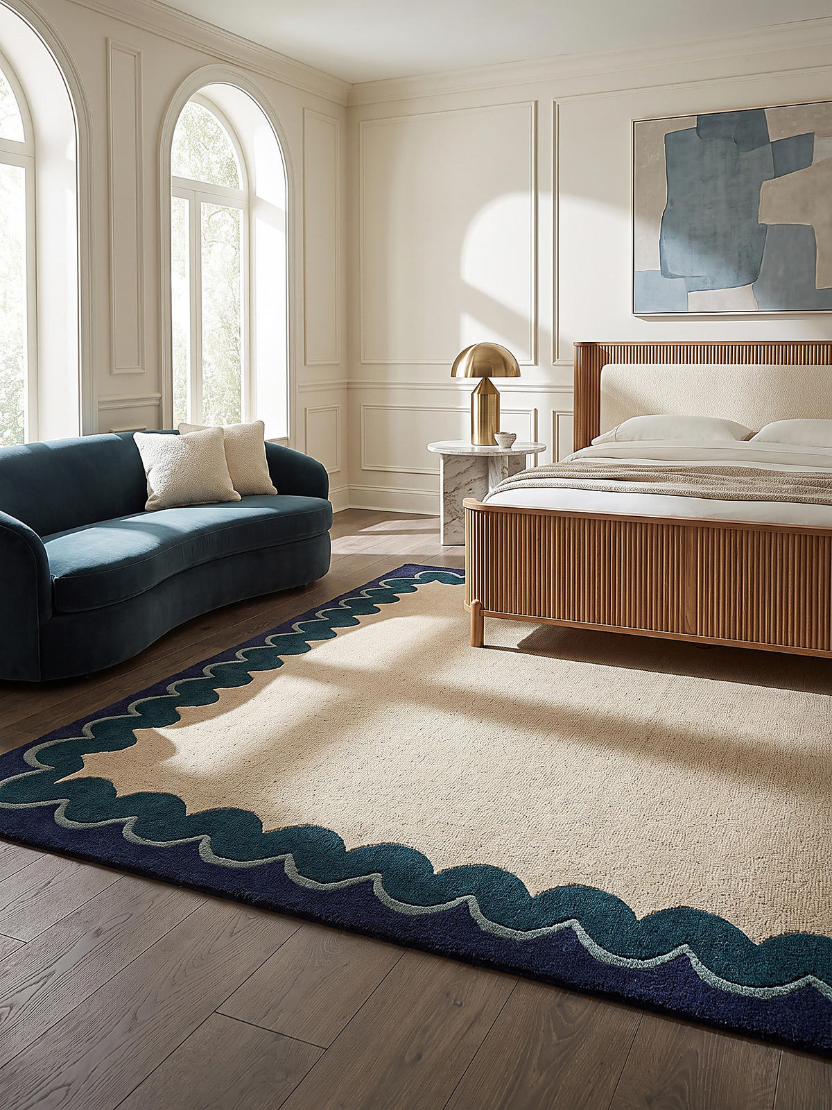 TEPPICH aus Wolle, handgetuftet, WAVENEY, in Petrol, Zickzack-Wellenbordüre, 140 x 200 cm - Türkis, Textil (140/200cm) - KADIMA DESIGN