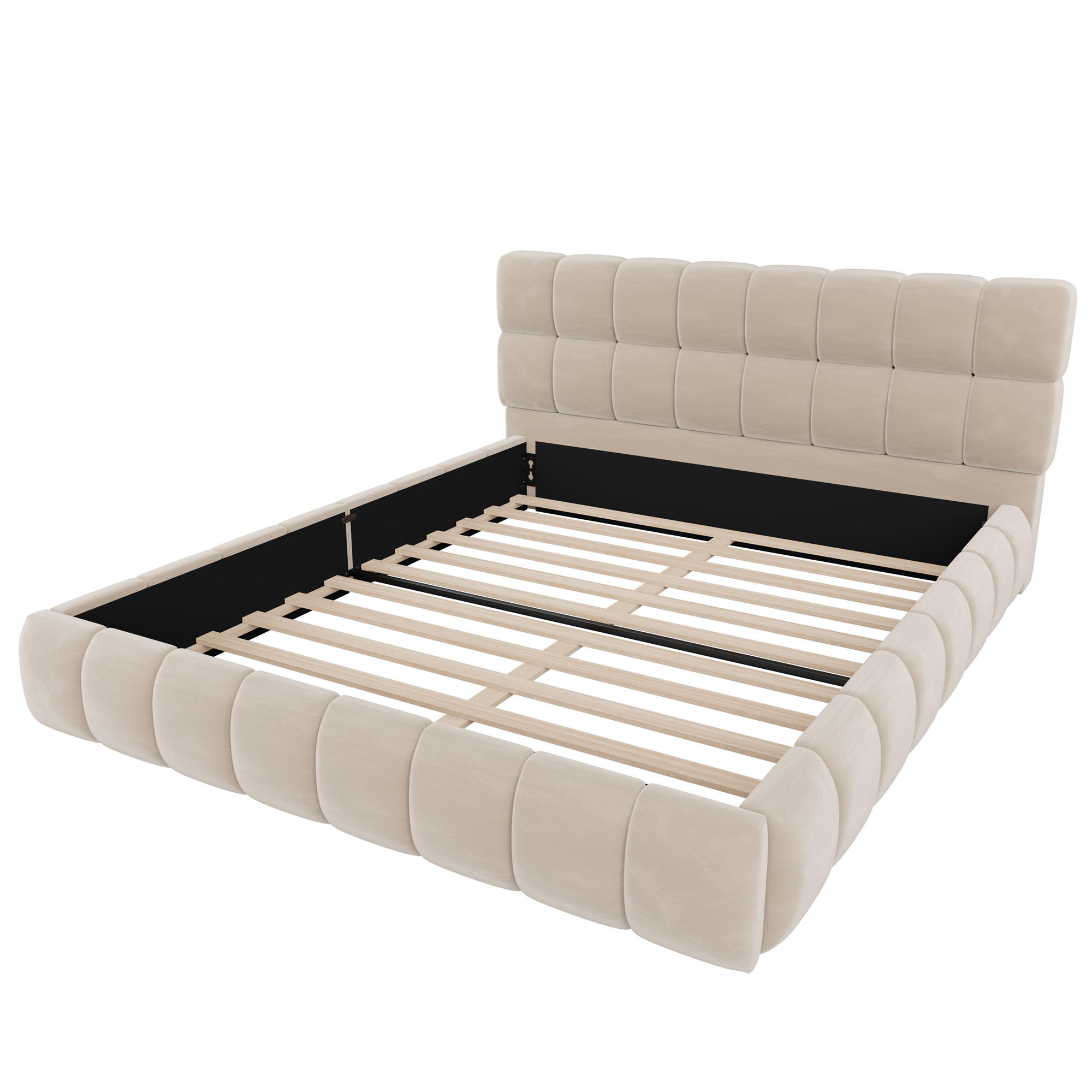 POLSTERBETT 140/190 cm in Beige Samt mit eingelassener Matratze - Beige, Holzwerkstoff/Textil (140/190cm) - WISHDOR