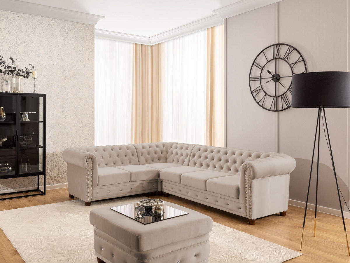 ECKSOFA Chesterfield Cleo Blink Beige Samt mit Kristallsteppung und braunen Massivholzfüßen - Ottomane Links - Beige/Braun, Holz/Textil (264/210cm) - S-Style Möbel