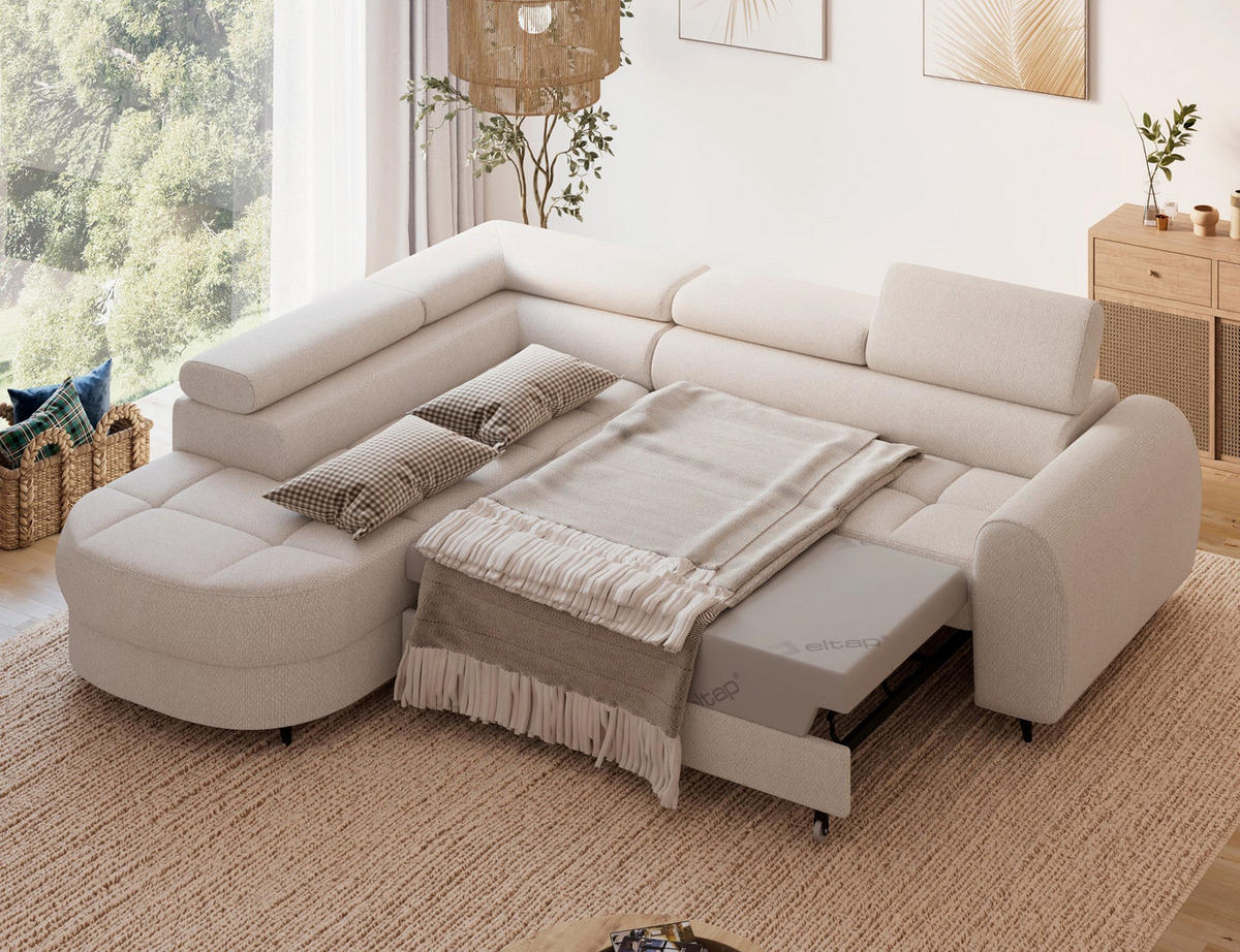 ECKSOFA Vesteria mit Schlaffunktion und Bettkasten – Modernes Design, verstellbare Kopfstützen und hoher Sitzkomfort - Beige, Kunststoff (279/72cm) - Wohnideebilder