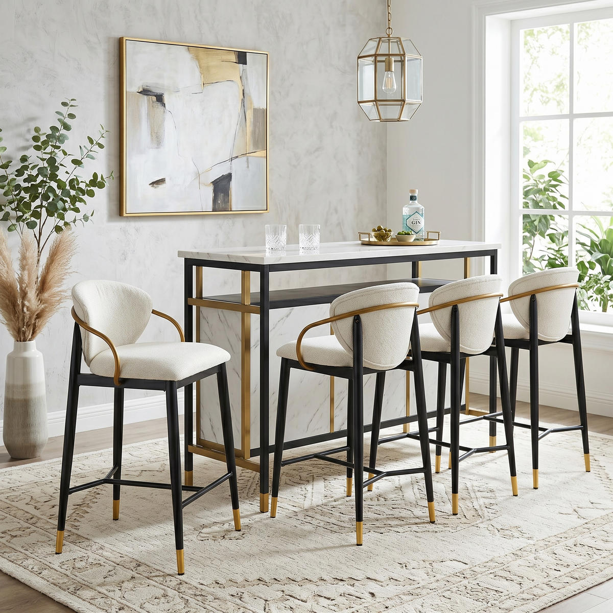 BARSTOL 2-PACK i Chenille i Beige, Svart och Guld, med Ryggstöd och Höjdjustering - Beige, Textil (52/87/57cm) - Urban Meuble
