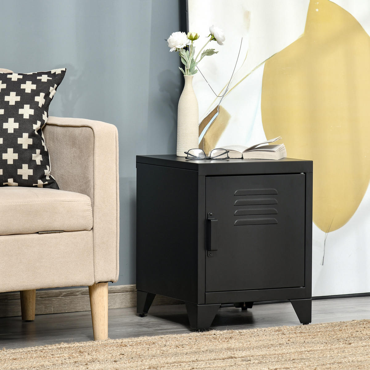 NACHTTISCH Nachtschrank Beistelltisch mit Regal Tür Industriedesign Metall - Schwarz, Metall (40/50/40cm) - HOMCOM