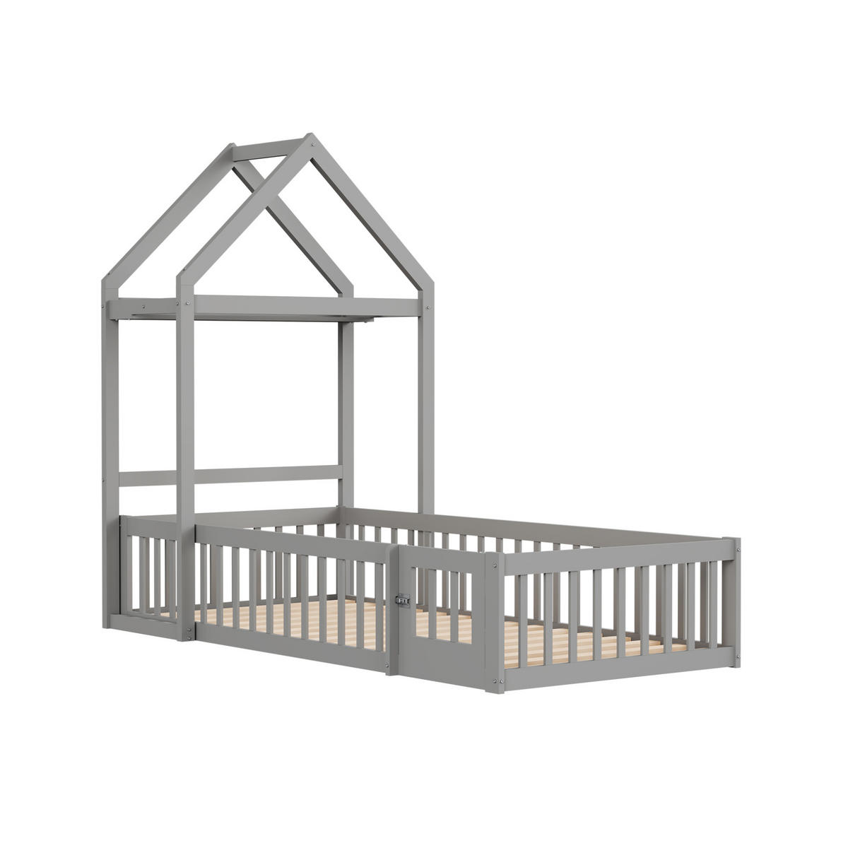 HAUSBETT 90/200 cm in Grau – mit Dachaufbau, Tür und Stauraum - Grau, Holz (90/200cm) - BEAOK