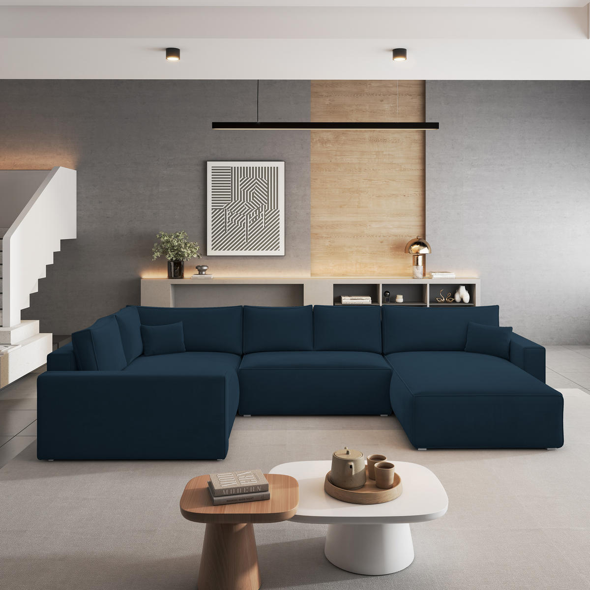 ROHOVÁ SEDAČKA VELAMI modrá - šedá/modrá, dřevo/textil (365/194cm) - MASSENO