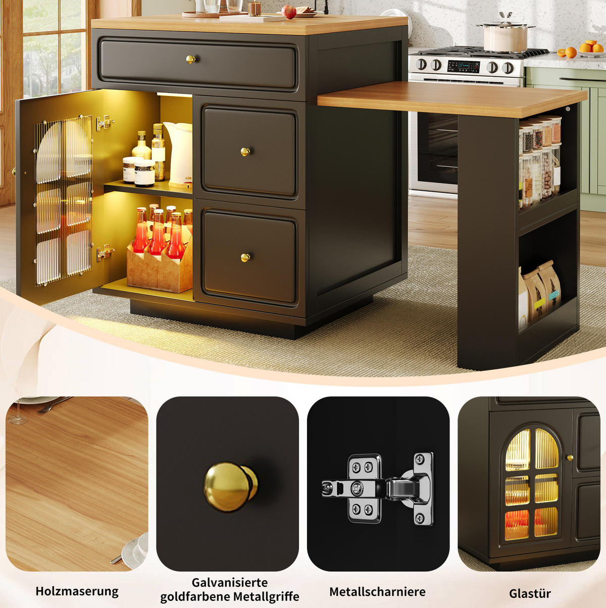 KÜCHENINSEL ausziehbar 122,5-195,5 cm Schwarz MDF Glas - Schwarz, Holz (59/93.5/122.5cm) - Beauniv