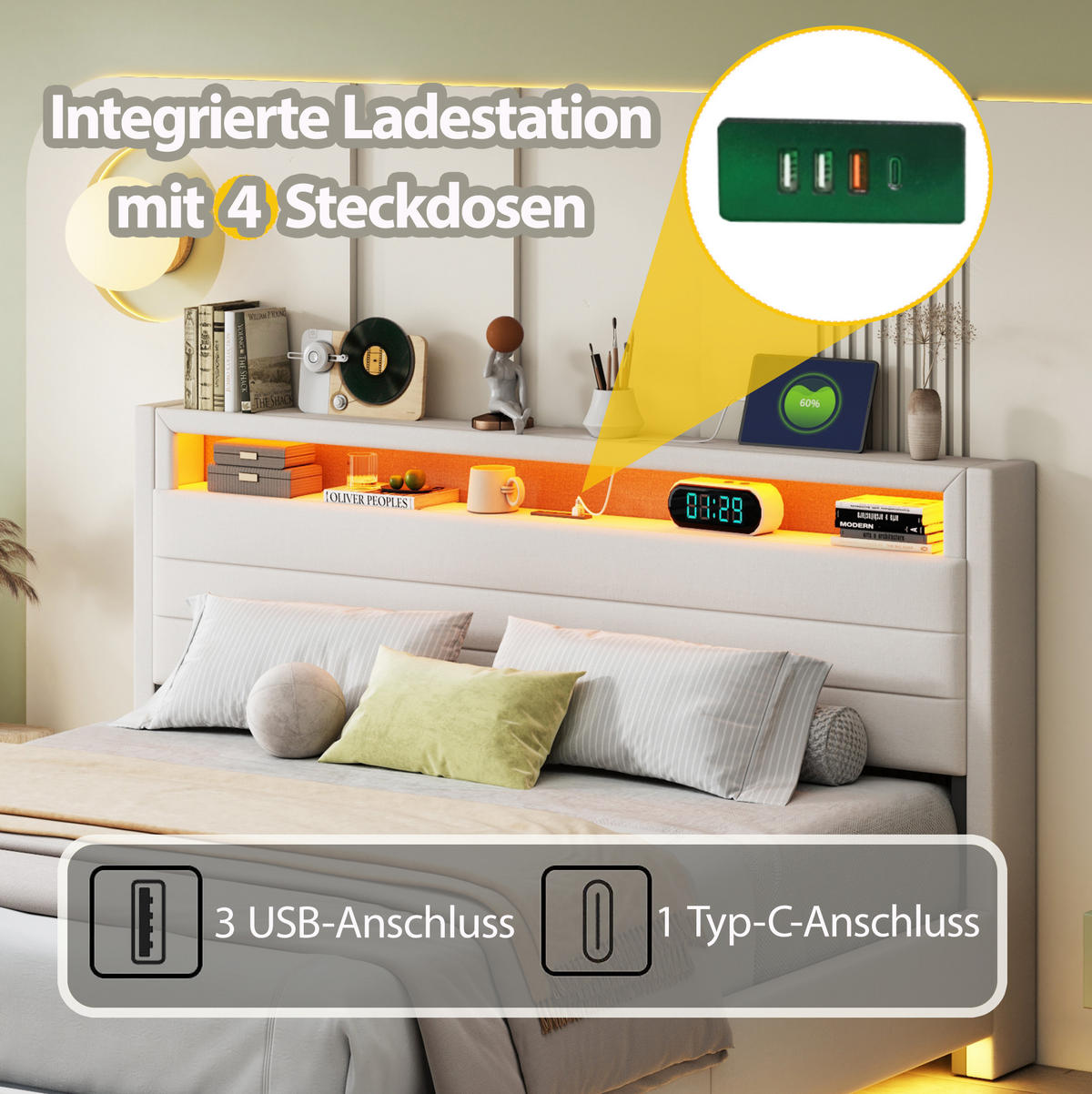 BETT mit Stauraum und LED 160x200 cm Beige - Beige, Metall (160/200cm) - Meubliv