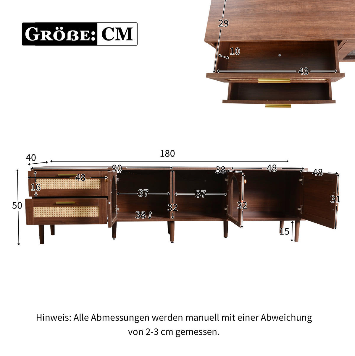 NÍZKÁ komoda 180/40/50 cm hnědý z dřevotřísky, s LED osvětlením a ratanovými zásuvkami - hnědá, kompozitní dřevo (180/50/40cm) - BEAOK
