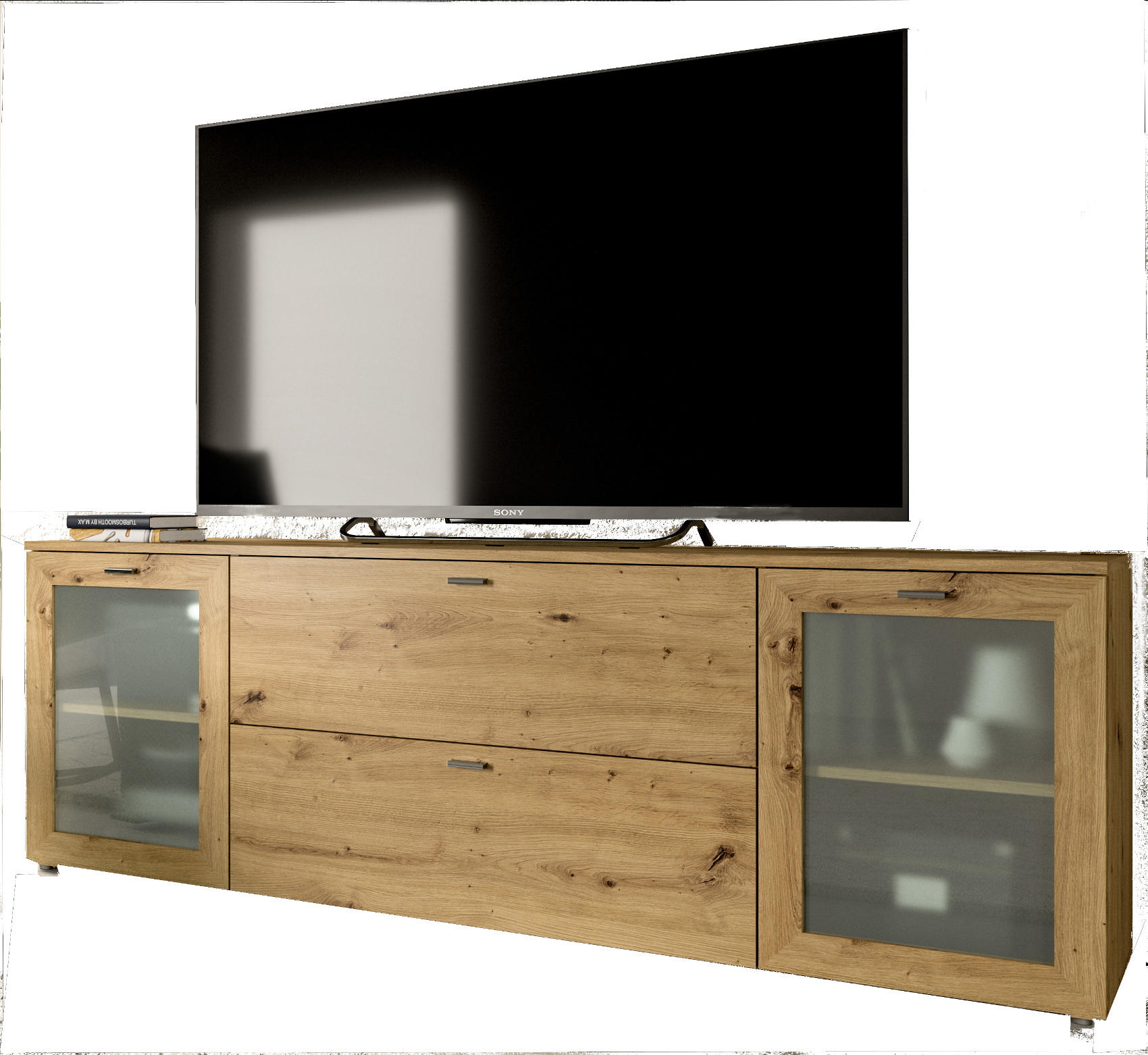 TV-LOWBOARD Eiche Artisan 180 cm, Flat-TV Unterschrank mit Komforthöhe - Silberfarben/Eiche Artisan, Glas/Holzwerkstoff (180/62/37cm) - Inn.Furn