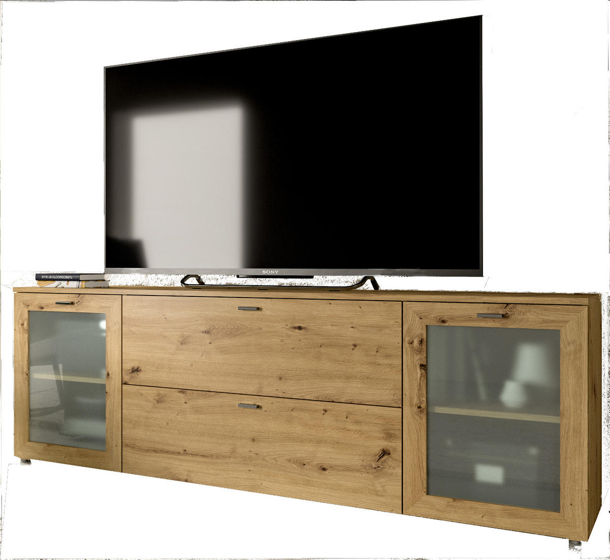 TV-LOWBOARD Eiche Artisan 180 cm, Flat-TV Unterschrank mit Komforthöhe - Silberfarben/Eiche Artisan, Glas/Holzwerkstoff (180/62/37cm) - Inn.Furn
