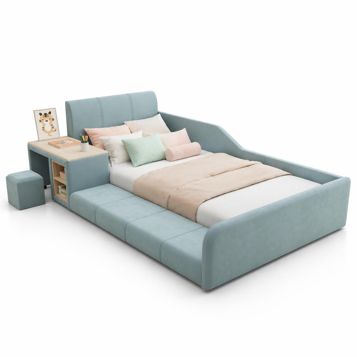 POLSTERBETT 90/200 cm in Blau & Natur mit Schreibtisch, Hocker und Ablage Samt - Blau, Holzwerkstoff/Textil (90/200cm) - CHICFURN