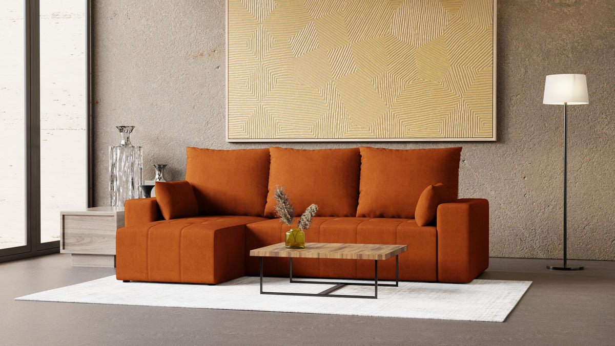 ECKSOFA Tico mit Bettkasten und Schlaffunktion, L-Form/XL-Form, Velourstoff, Universal - Rostfarben, Holzwerkstoff (246/145cm) - 4ALL HOME