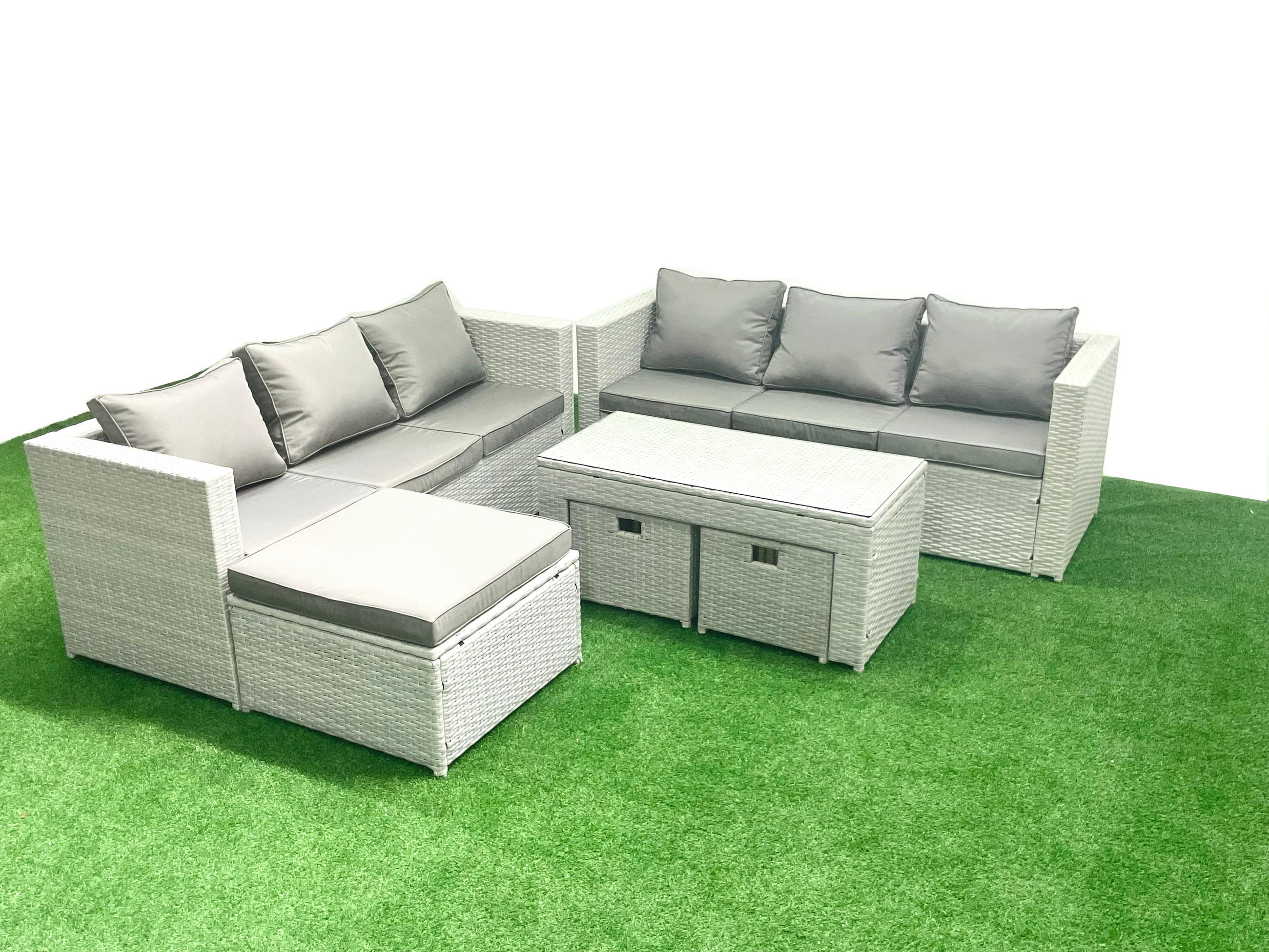 GARTENSOFA hohe Rückenlehne Polyrattan Hellgrau-Mix 9-Sitzer - Hellgrau/Grau, Glas/Kunststoff - Fimous