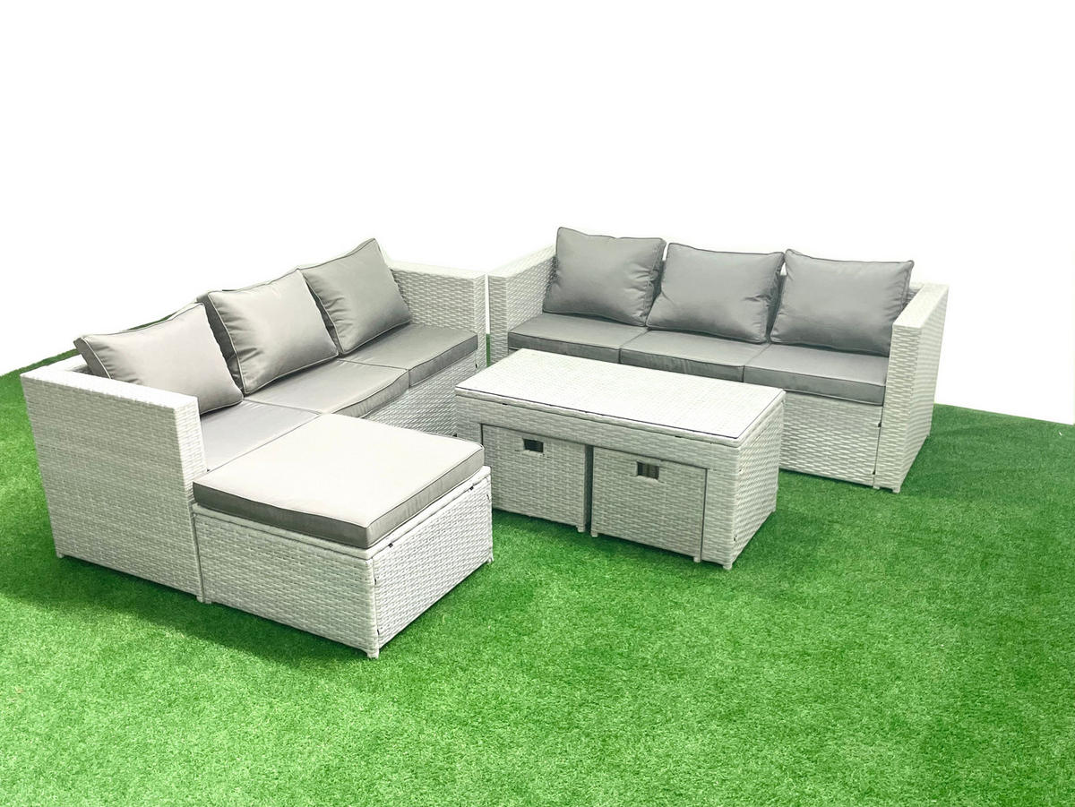 GARTENSOFA hohe Rückenlehne Polyrattan Hellgrau-Mix 9-Sitzer - Hellgrau/Grau, Glas/Kunststoff - Fimous