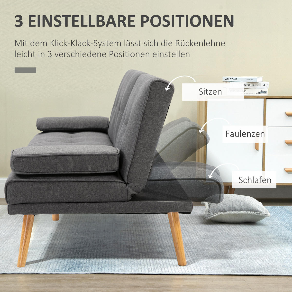 SCHLAFSOFA 3-Sitzer-Sofa Bettsofa mit Klappbarem Tisch Stoffsofa mit Leinenoptik - Dunkelgrau/Naturfarben, Holz/Textil (77/78/181cm) - HOMCOM