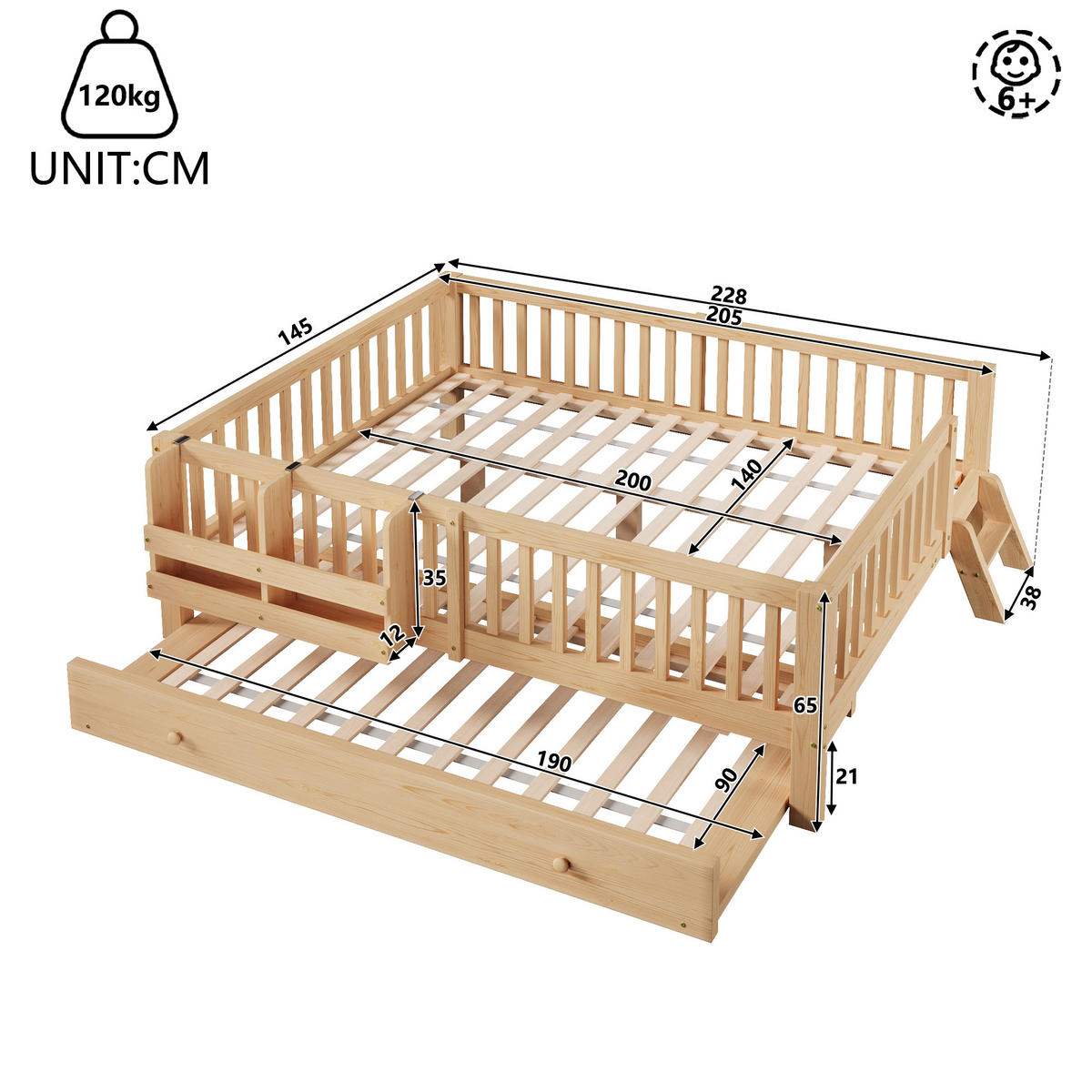KINDERBETT 140/200 cm in Holzfarben mit Ausziehbett, Regal und Rausfallschutz Massivholz skandinavisches Design - Naturfarben, Holzwerkstoff (140/200cm) - STILVORA