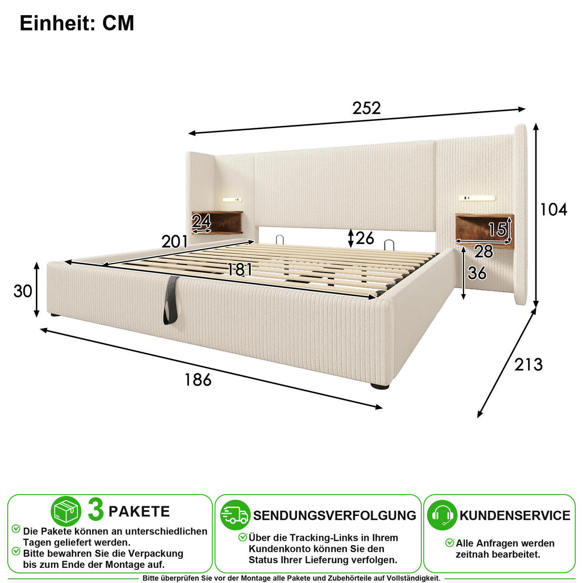 POLSTERBETT 180/200 cm in Beige mit Bettkasten, Leselampe und USB/Type-C Cord - Beige, Holzwerkstoff/Textil (180/200cm) - CHICFURN