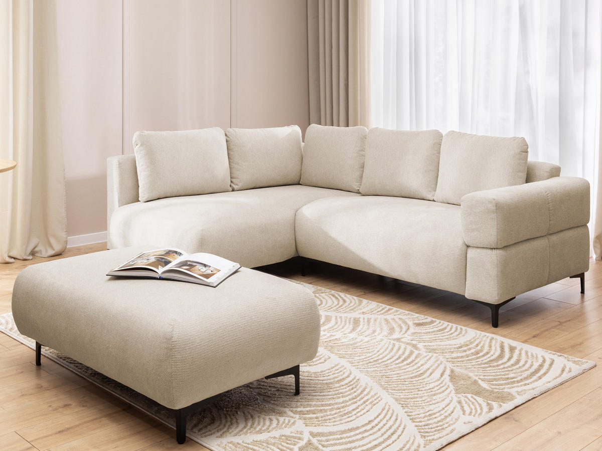 ECKSOFA inkl. Hocker Cardea mit Schlaffunktion in Bubble-Optik aus weichem Hellbeige Strukturstoff und hohem Sitzkomfort - Ottomane links - Beige/Schwarz, Holz/Textil (170/230cm) - S-Style Möbel