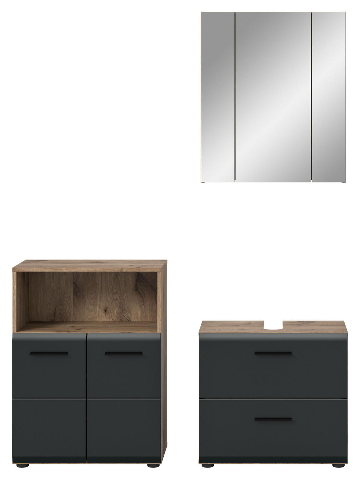 BADMÖBEL-SET 3-teilig in schwarz matt und Eiche Badezimmer mit Spiegelschrank, 135 x 185 cm - Eichefarben/Schwarz, Glas/Holzwerkstoff (135/185/30cm) - Inn.Furn