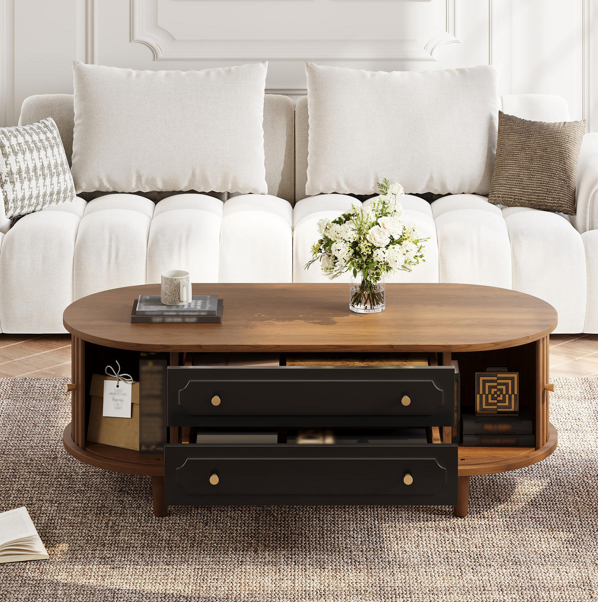 COUCHTISCH 100/50/36 cm Walnussholz Schwarz aus Holzwerkstoff mit 2 Rolltüren und 2 Schubladen - Walnussfarben, Holzwerkstoff (100/50/36cm) - OKWISH
