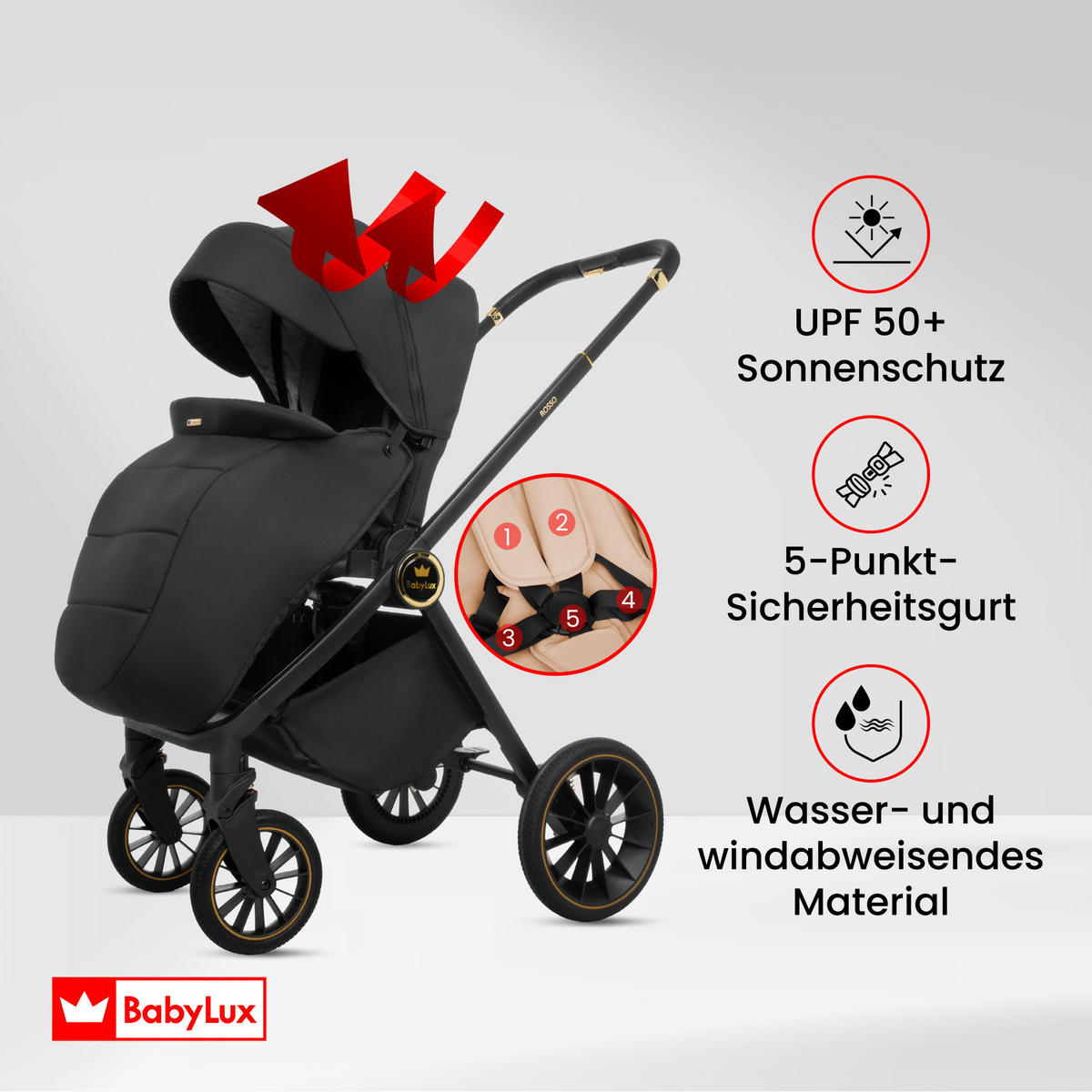 KINDERWAGEN Rosso 3in1 Schwarz Babywanne, Buggy Sportsitz, Babyschale I-Size - Schwarz, Textil/Metall (58/99cm) - BabyLux