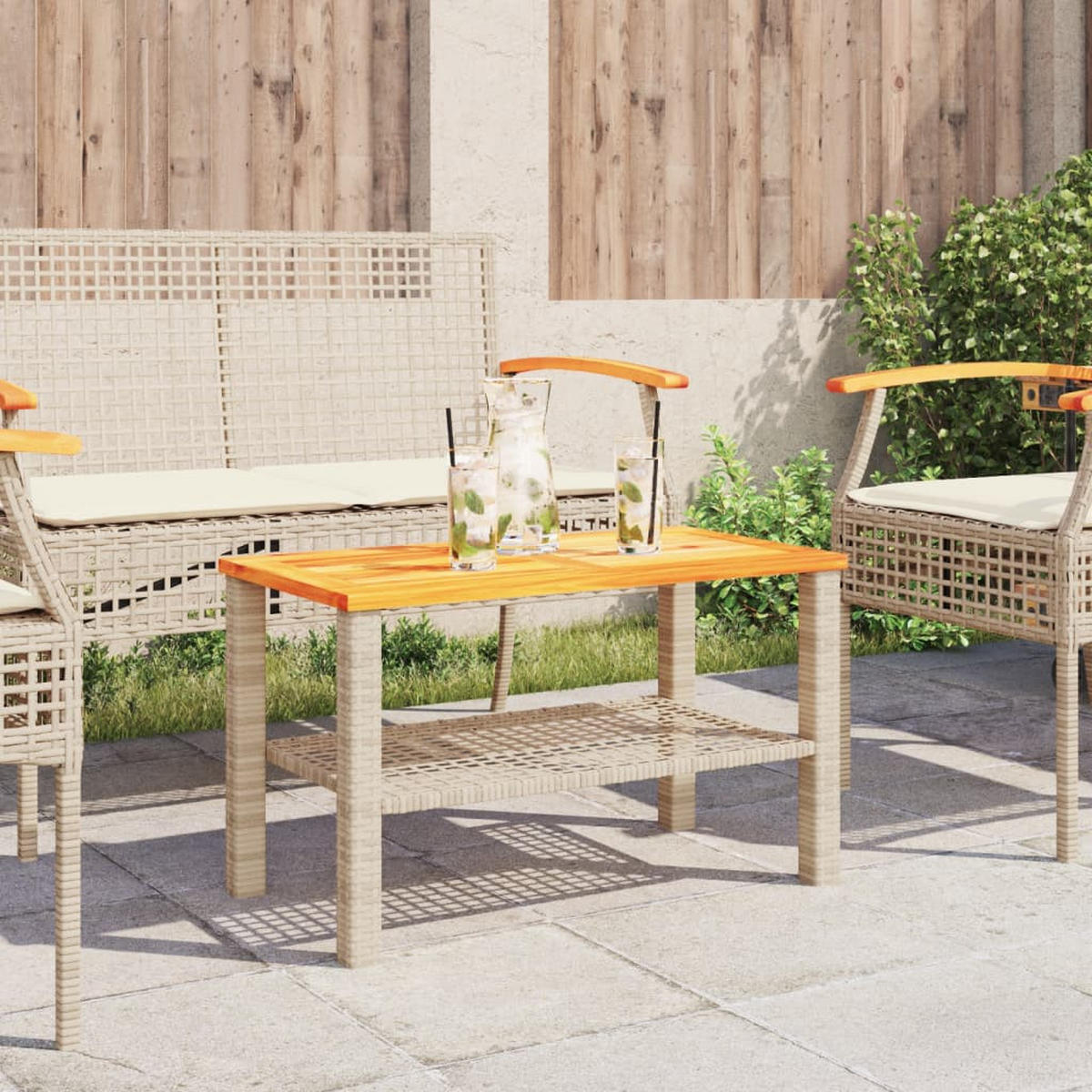 GARTENTISCH Beige 70/38/42 Cm Poly Rattan Akazienholz - Beige, Kunststoff (70/38/42cm) - vidaXL
