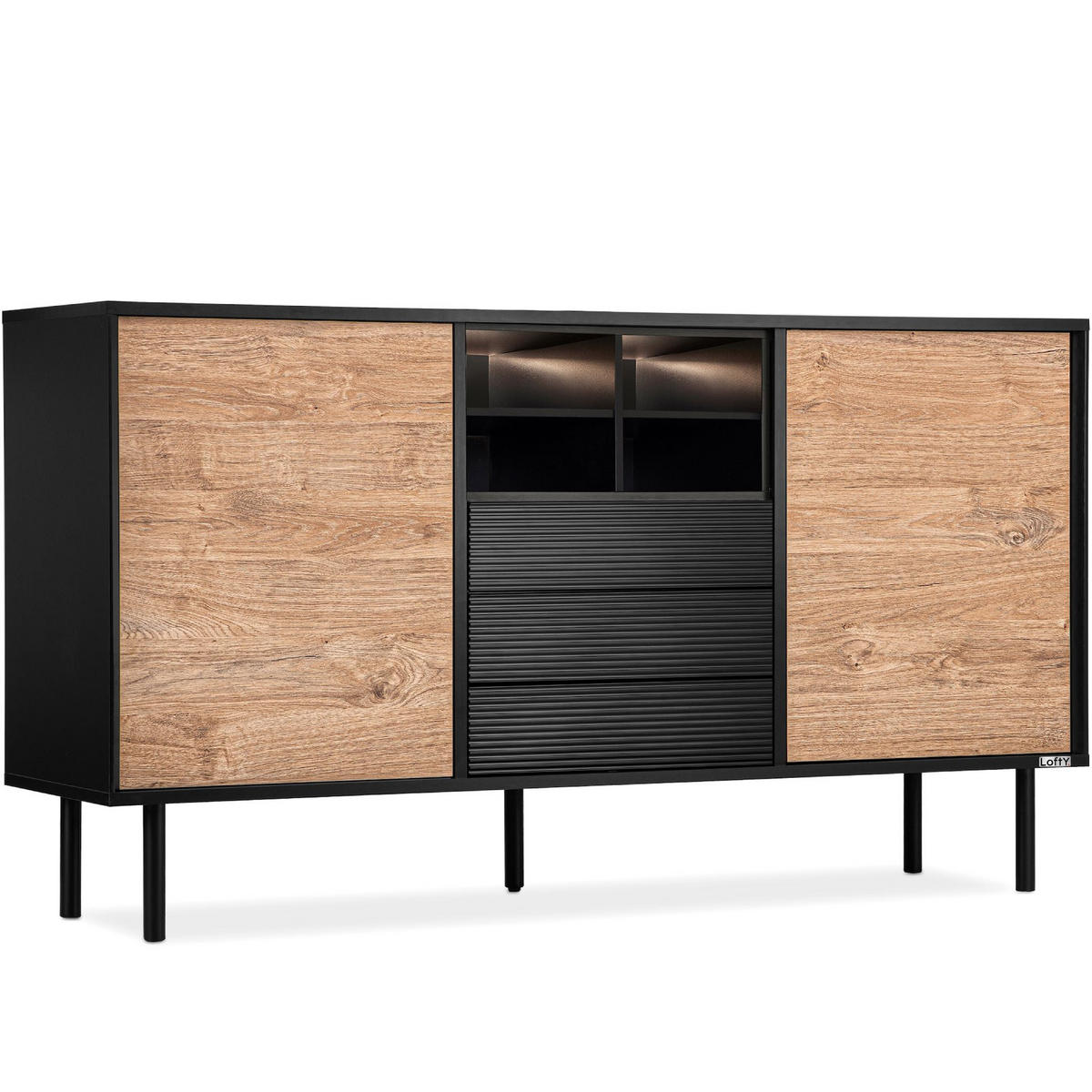 KOMMODE LOFTY Kreuzeinlage, schwarz / Eiche natur - Eichefarben/Schwarz, Holzwerkstoff (151/84/41cm) - KONSIMO®