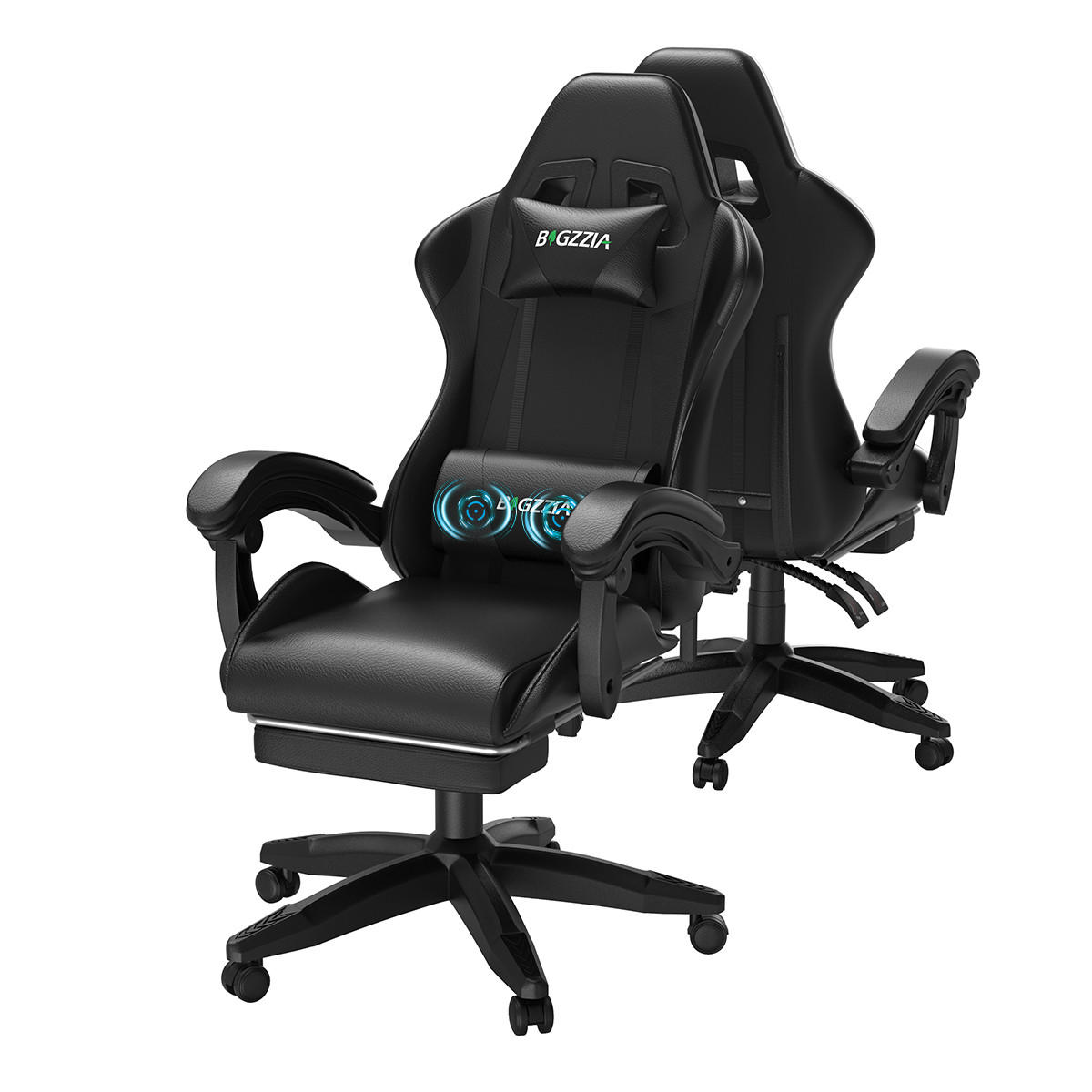 GAMINGSTUHL ergonomisch Massage Lendenstütze Fußstütze PU Leder 150 kg Schwarz - Schwarz, Metall (66/126/58cm) - Rattantree