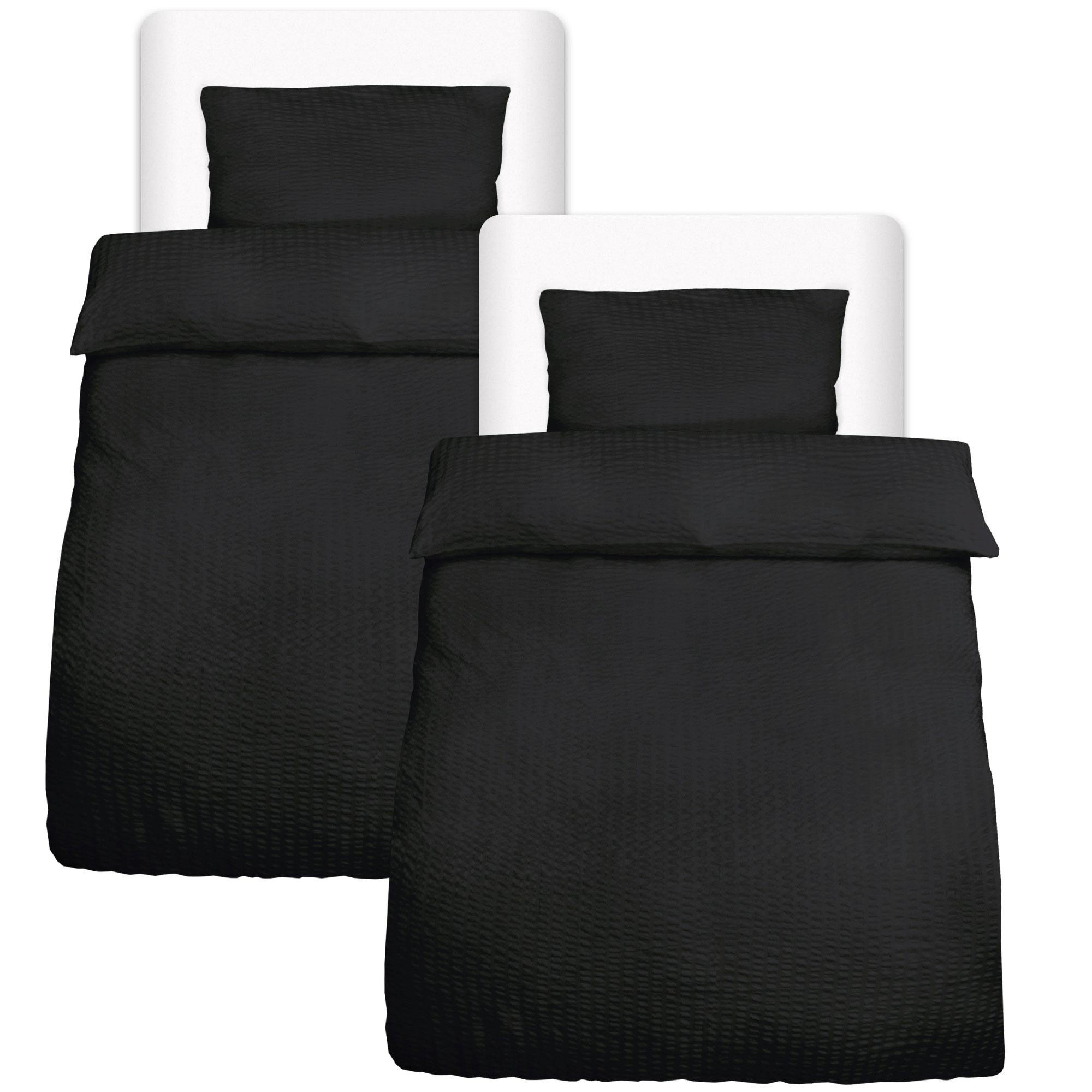 BETTWÄSCHE Meline 155/220 cm + Kissenbezug 40/80 cm Schwarz Seersucker 2er Set - Schwarz, Textil (40/80cm) - Beautissu 