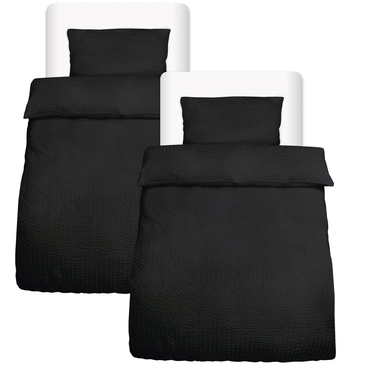 BETTWÄSCHE Meline 155/220 cm + Kissenbezug 40/80 cm Schwarz Seersucker 2er Set - Schwarz, Textil (40/80cm) - Beautissu 