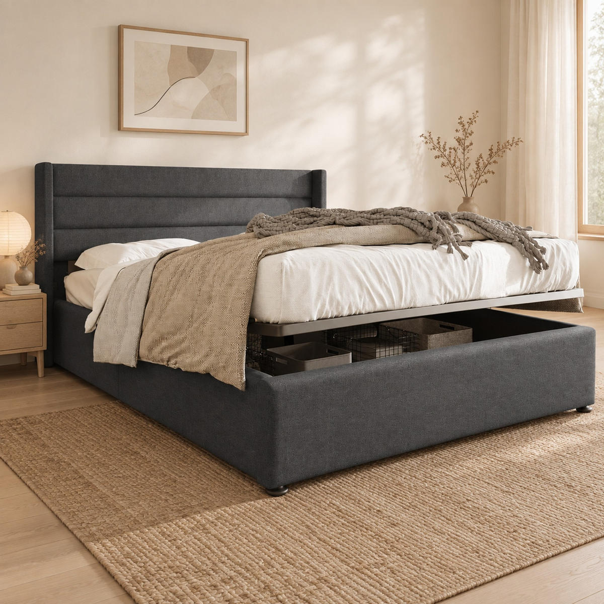 POLSTERBETT 140/200 mit Bettkasten und hydraulischer Funktion in Grau - Grau, Holzwerkstoff/Textil (140/200cm) - EVRYAE