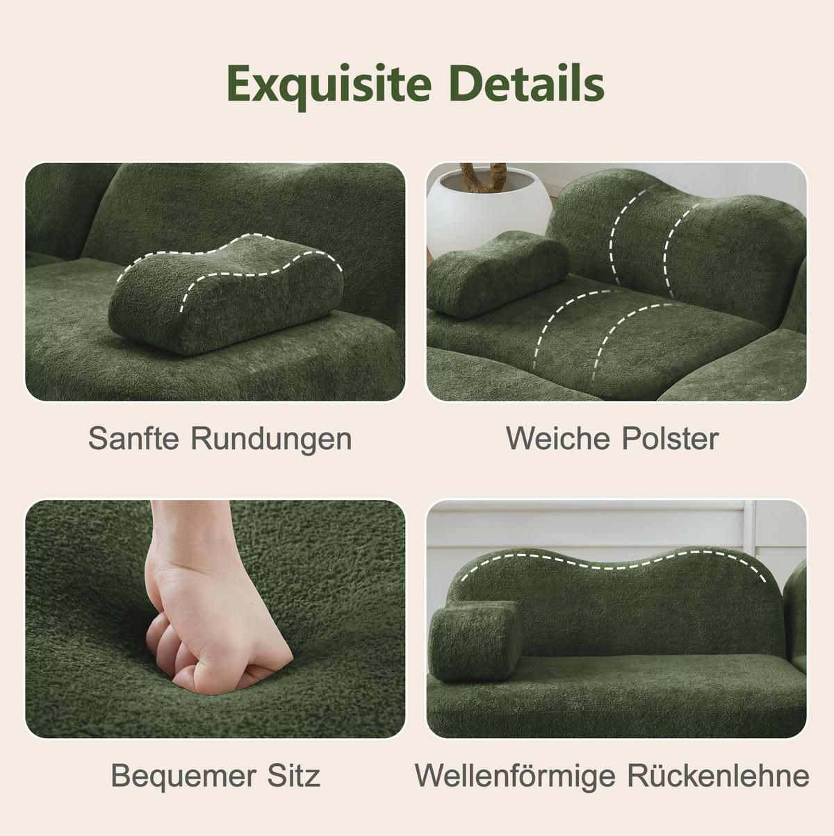 SOFA 384/98/70 cm in Grün aus Samt mit Wellenform und modularem Design - Grün, Textil (98/70/384cm) - Flora Grace