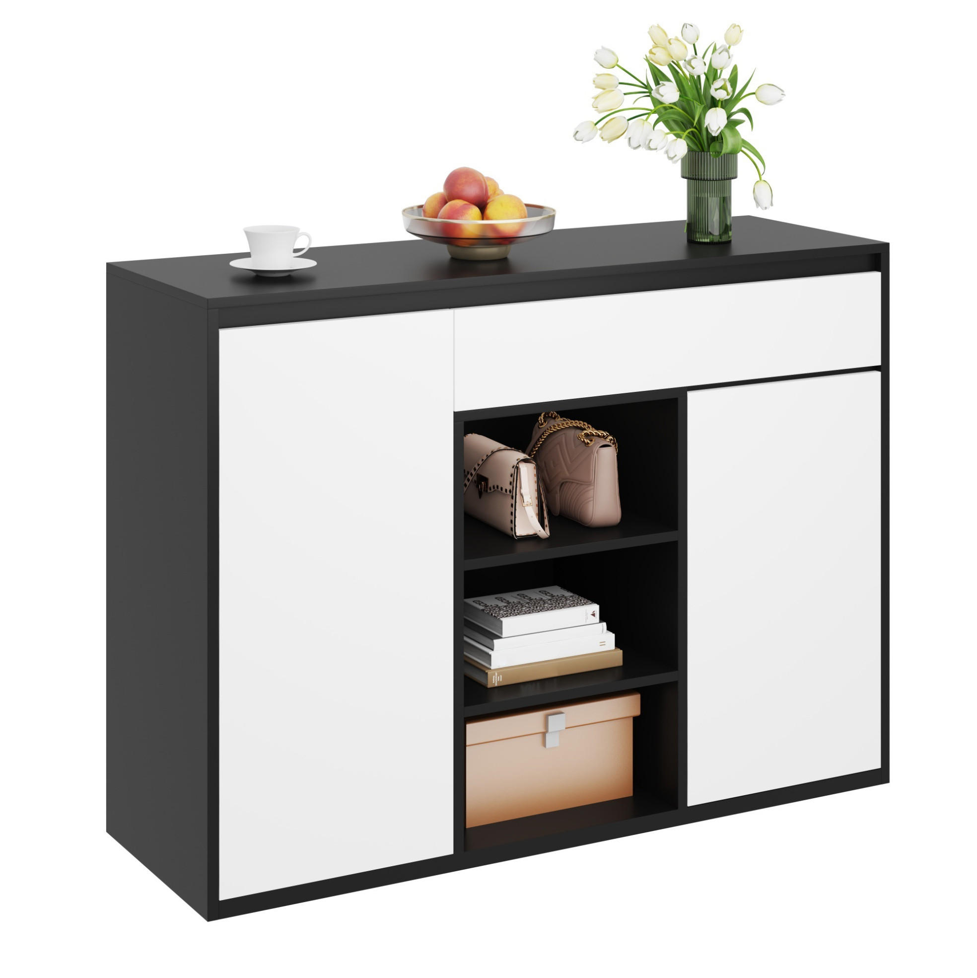 SCHUHSCHRANK 105/39,5/86 cm mit LED-Beleuchtung, verstellbaren Böden und Schubladenfach, Schwarz-Weiß - Schwarz, Holzwerkstoff (105/86/39.5cm) - Redom