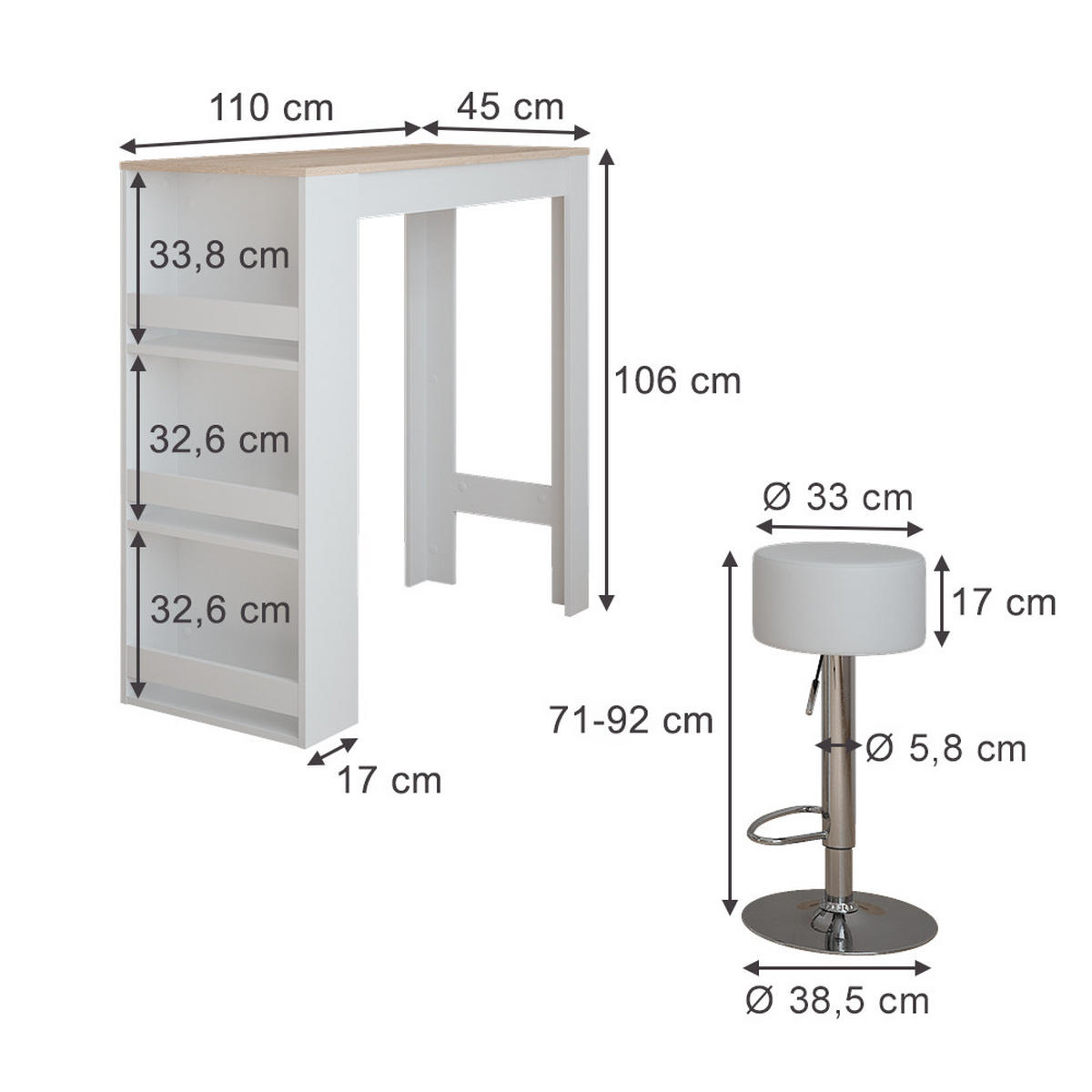 STOJACÍ BAROVÝ STŮL SE ŽIDLEMI Repose Bílá/Sonoma - bílá, kompozitní dřevo (110/45/106cm) - Vicco