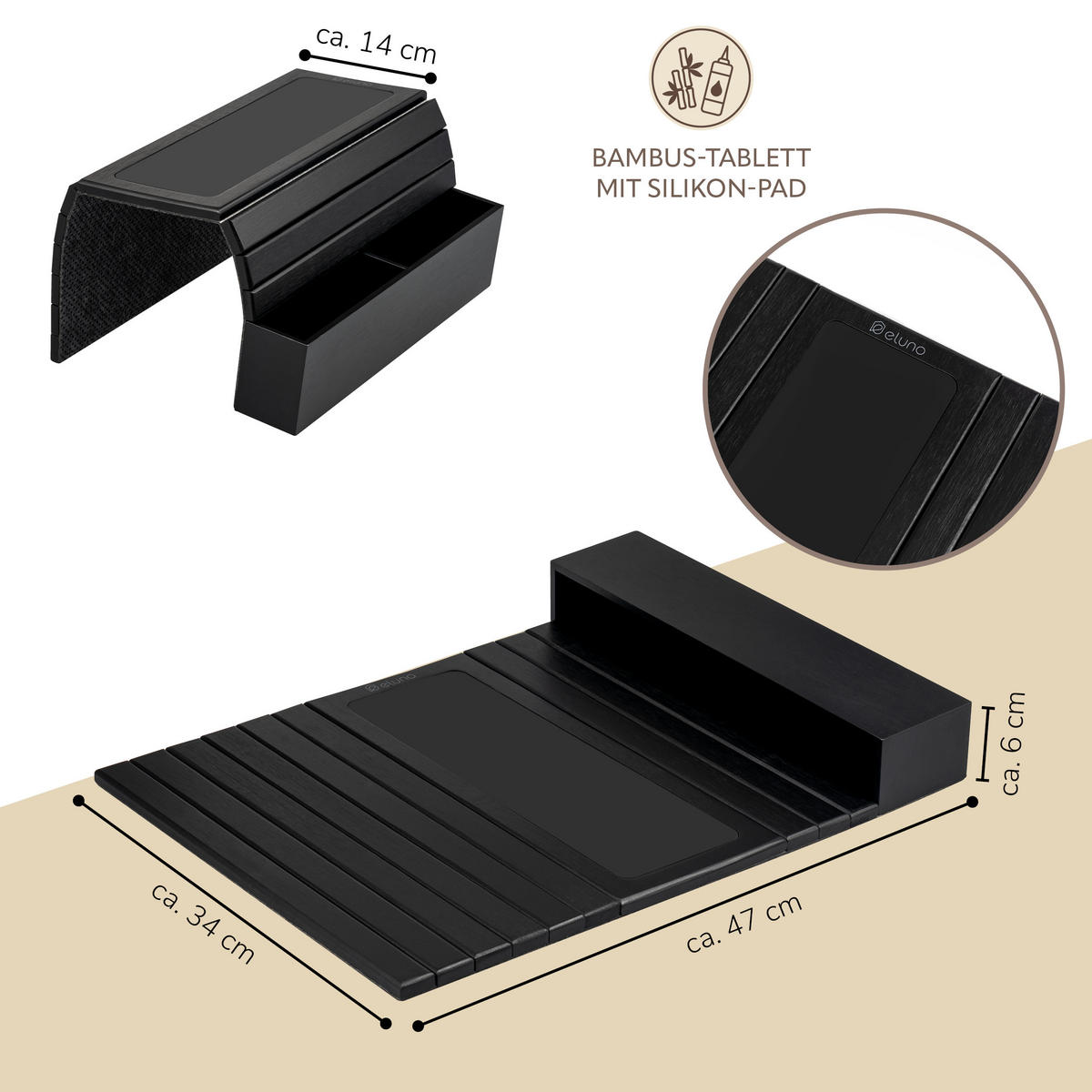 ARMLEHNEN-SOFATABLETT mit seitlichen Fächern, rutschfeste Silikonablage, Bambus, schwarz - Schwarz, Naturmaterialien (47/6/34cm) - eluno