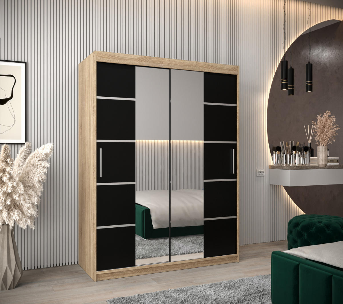 SCHWEBETÜRENSCHRANK 200/150/62 2-türig - Silberfarben/Schwarz, Holz/Kunststoff (150/200/62cm) - MÖBEL KRYSPOL