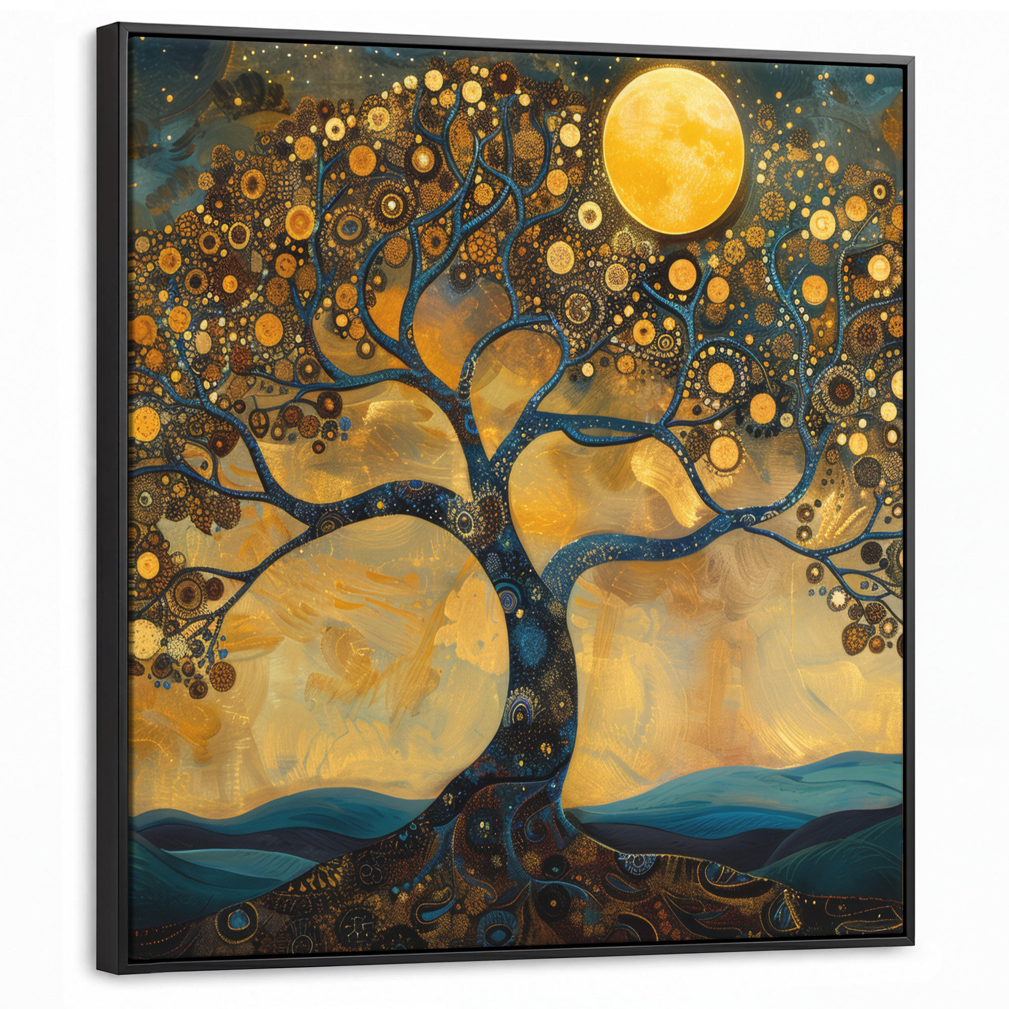 LEINWAND Bilder mit Rahmen - Baum - Mond - Blumen - Gold - Kunst - 90x90 - Orange, Textil (90/90cm) - MuchoWow