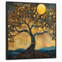 LEINWAND Bilder mit Rahmen - Baum - Mond - Blumen - Gold - Kunst - 90x90 - Orange, Textil (90/90cm) - MuchoWow