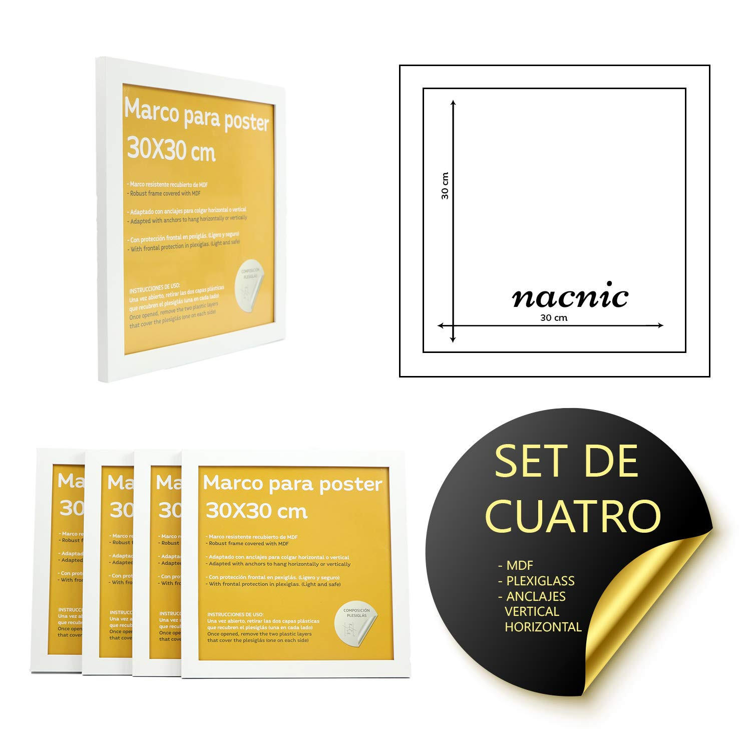 RAHMEN Set mit 4 aus MDF und Acrylglas Schutz und Aussteller für Fotografien, Bilder, Poster, Gemälde, Dekoration für Haus Farbe Weiß 30x30 cm - Weiß, Holz (30/3/30cm) - Nacnic