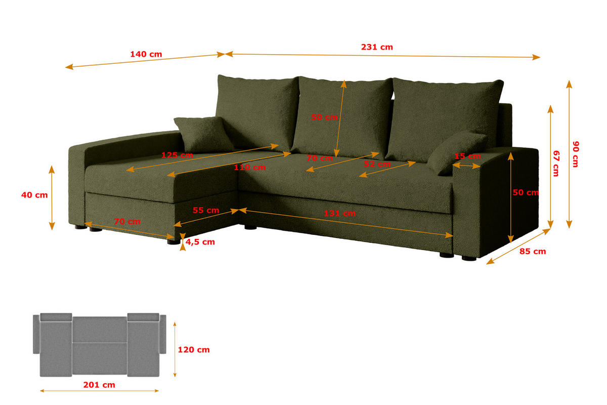 ECKSOFA mit Schlaffunktion und Bettkasten ALESIA-L 231x140x90 cm Grün Bouclé - Silberfarben/Grün, Holzwerkstoff/Kunststoff (231/140cm) - ALTDECOR