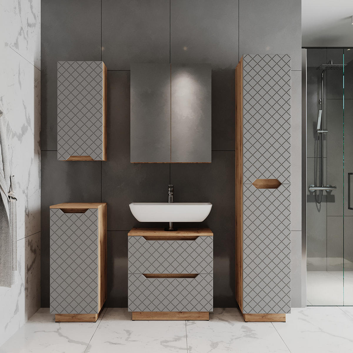 BADSCHRANK Lotta Eiche/Grau mit Kachelstruktur 33 x 186 cm mit 2 Türen - Grau, Holzwerkstoff (33/186/35cm) - Vicco