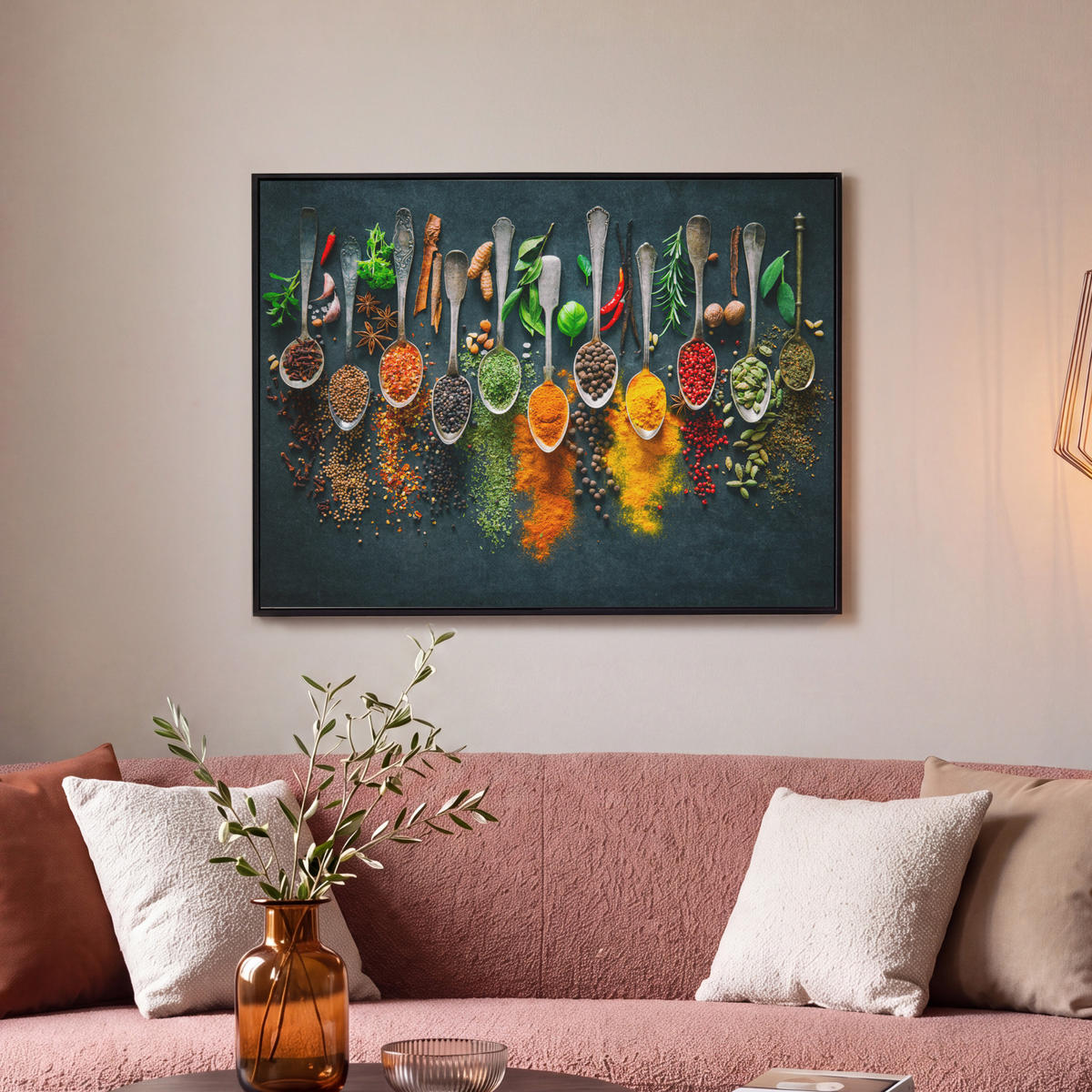 LEINWAND Bilder mit Rahmen - Kräuter - Gewürze - Löffel - 80x60 - Currygelb, Textil (80/60cm) - MuchoWow
