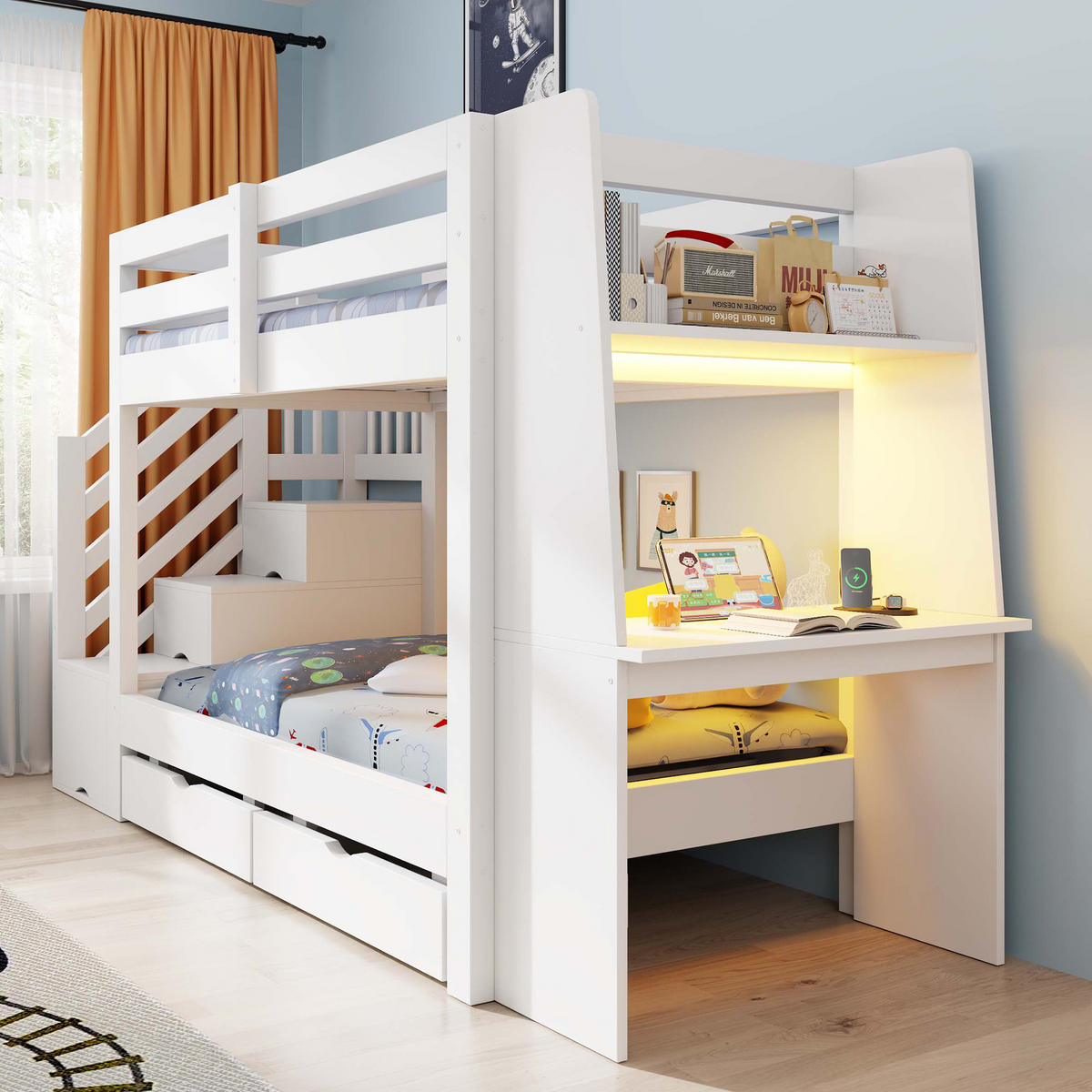 ETAGENBETT 90 x 200 cm mit Schreibtisch, LED und Schubladen, Weiß - Weiß, Holz (90/200cm) - FLIEKS