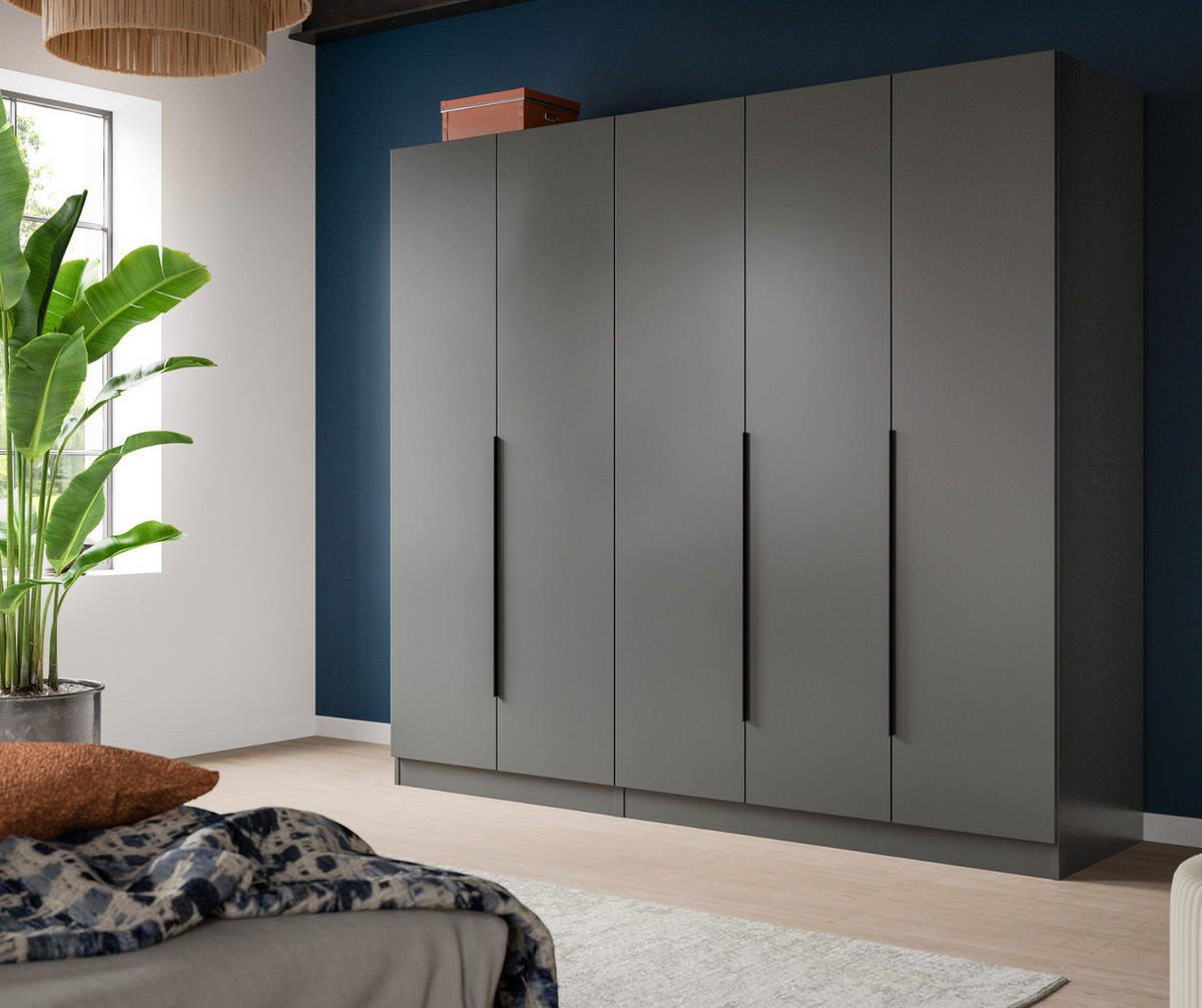 KLEIDERSCHRANK grau 5-türig 2000 x 181 cm, Drehtürenschrank mit Kleiderstange - Schwarz/Grau, Holzwerkstoff/Kunststoff (200/181/52cm) - Inn.Furn
